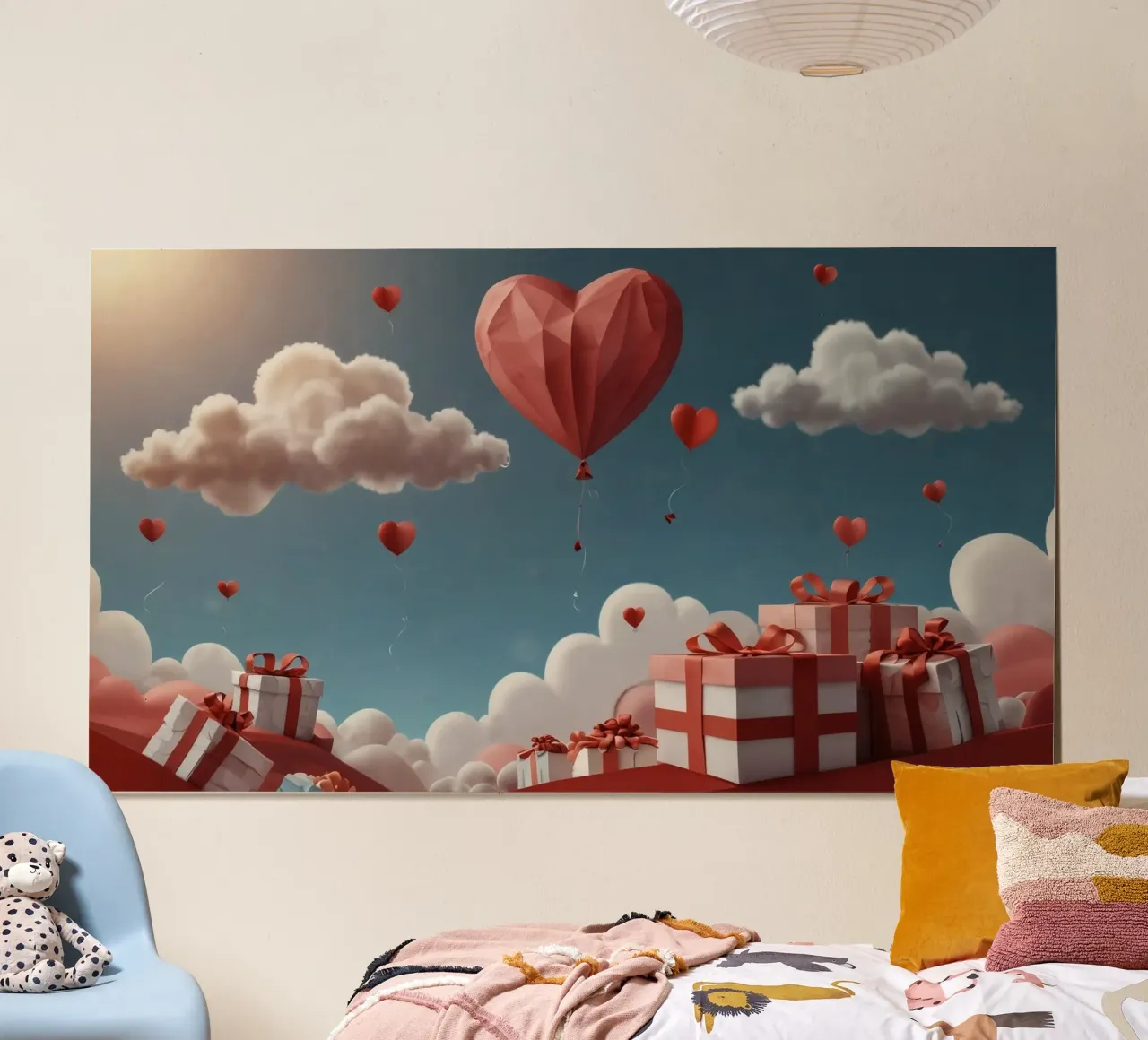 Festeggiamento di San Valentino con palloncini a forma di cuore poster con telaio in plastica da DesignDoodle