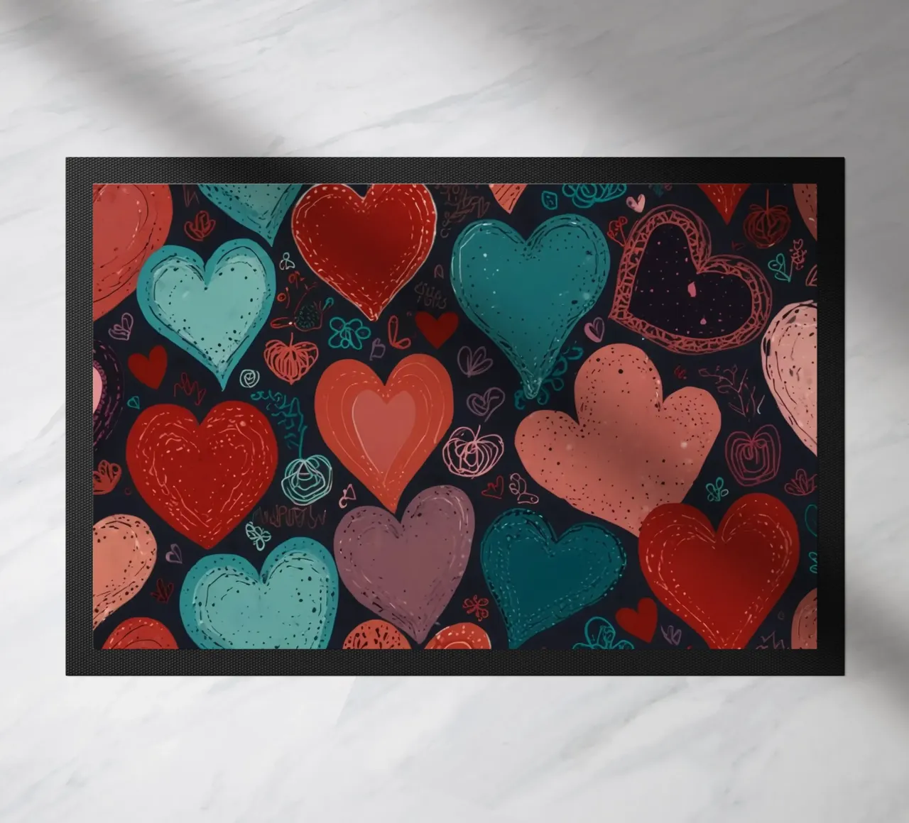Colorful heart patterns create a festive atmosphere doormat by DesignDoodle