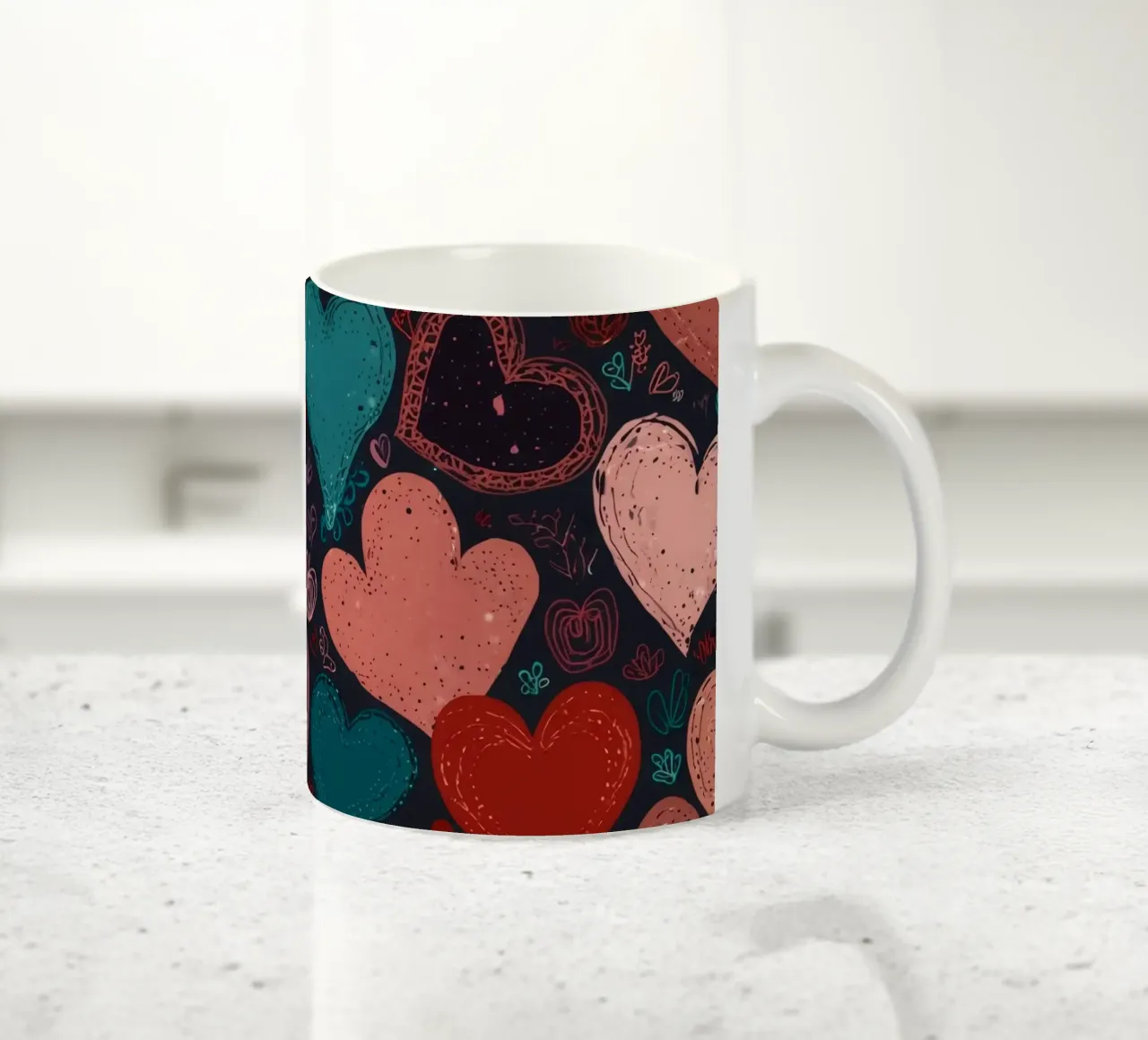 Colorful heart patterns create a festive atmosphere ceramic mug by DesignDoodle