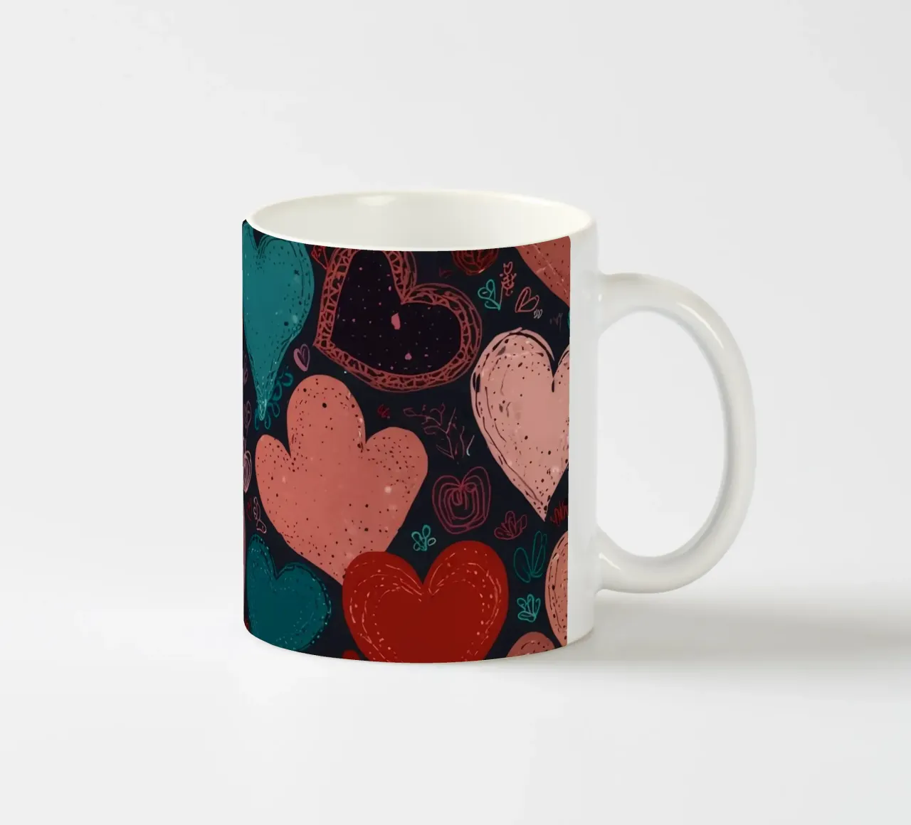 Colorful heart patterns create a festive atmosphere ceramic mug by DesignDoodle