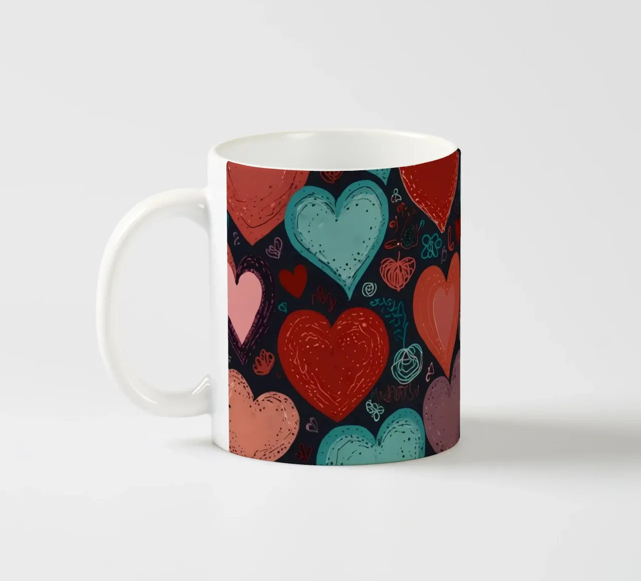 Colorful heart patterns create a festive atmosphere ceramic mug by DesignDoodle