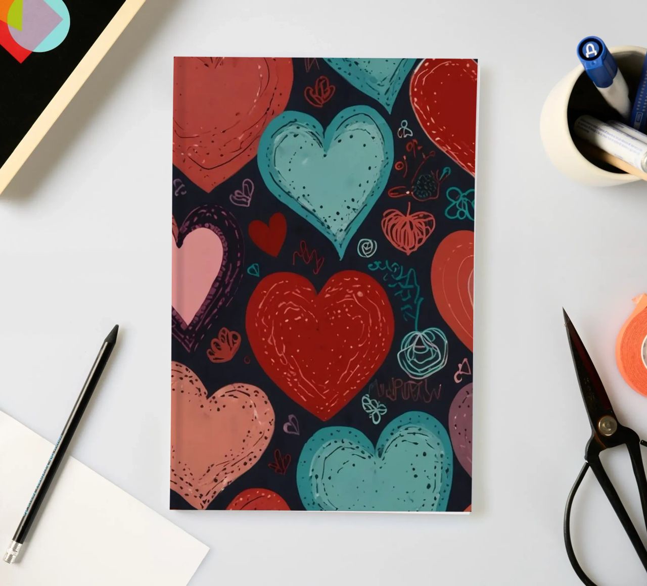 Colorful heart patterns create a festive atmosphere notebook by DesignDoodle
