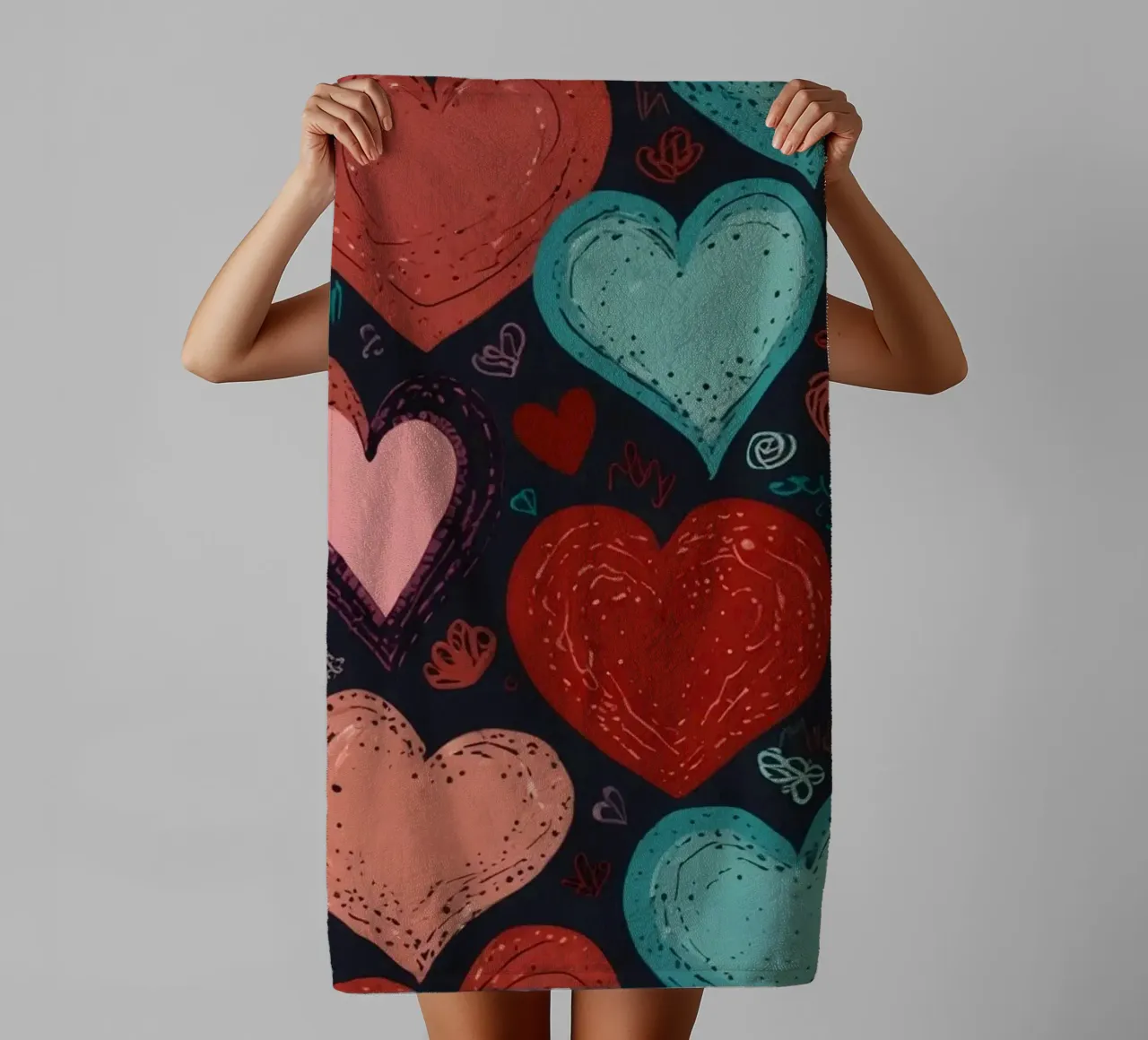 Les motifs de cœurs colorés créent une atmosphère festive serviette de bain de DesignDoodle