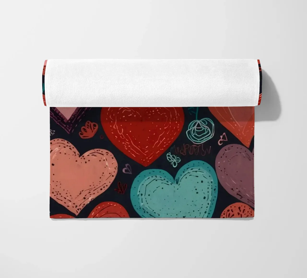 Colorful heart patterns create a festive atmosphere beach towel by DesignDoodle