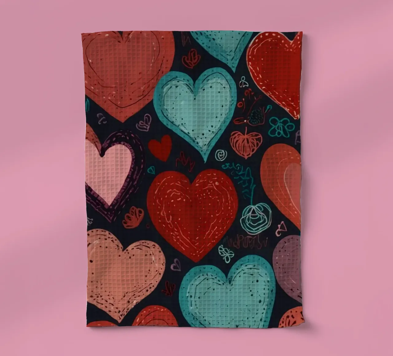 Colorful heart patterns create a festive atmosphere tea towel by DesignDoodle