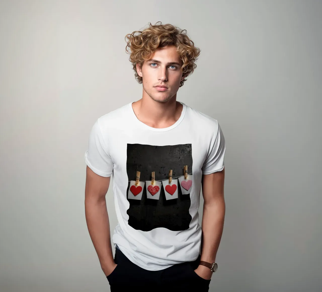 Cuori colorati appesi a una corda con luce calda t-shirt da DesignDoodle