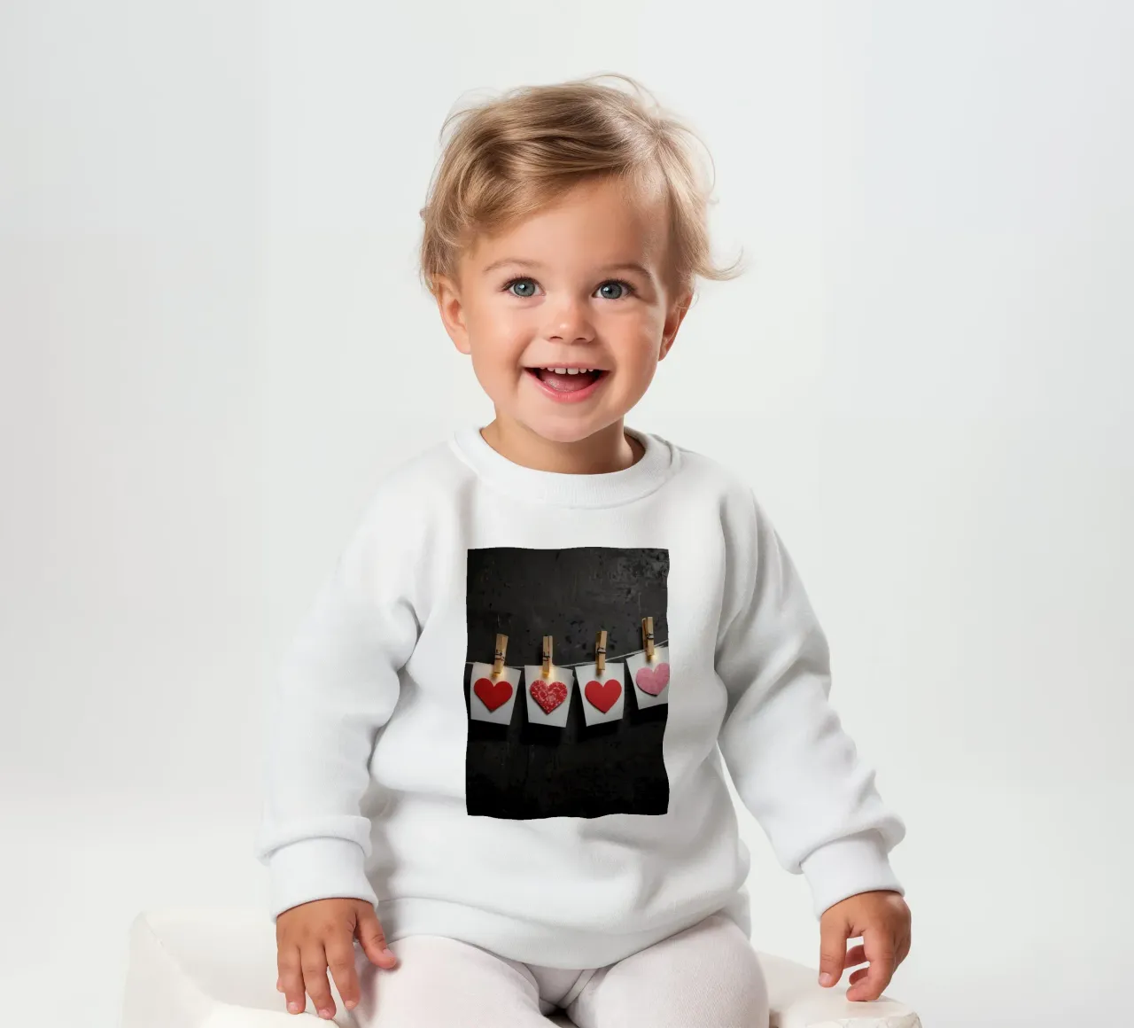 Cuori colorati appesi a una corda con luce calda felpa neonato da DesignDoodle