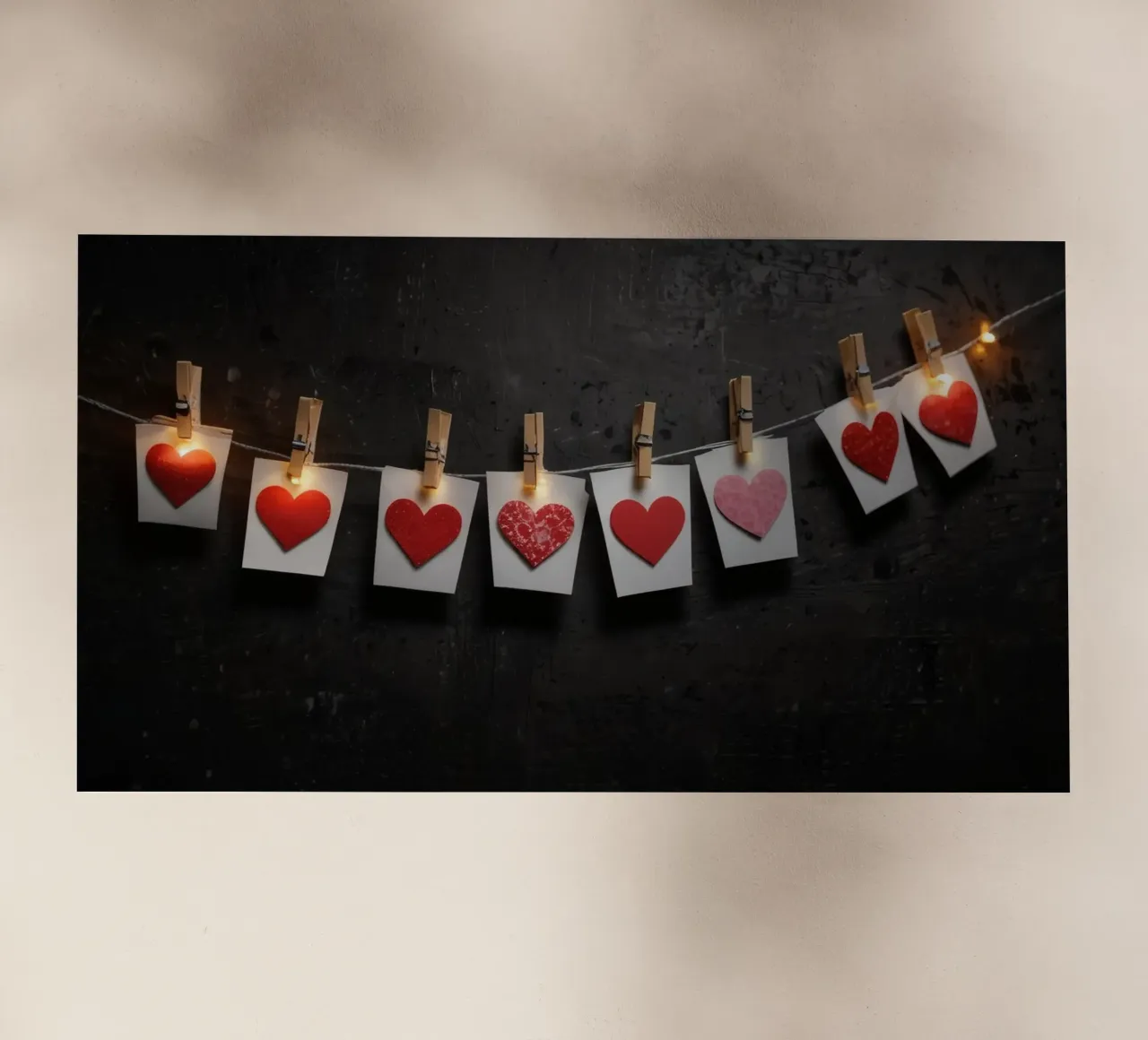 Cuori colorati appesi a una corda con luce calda pellicola backlit da DesignDoodle