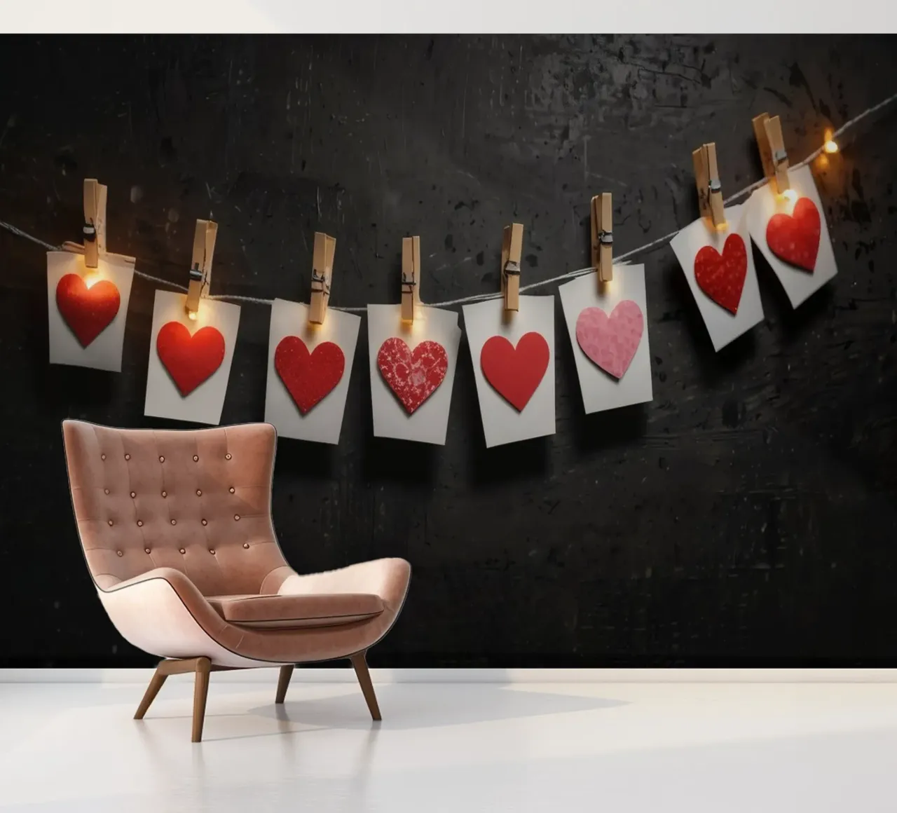 Colorful hearts hang on a string with warm light photo wallpaper by DesignDoodle