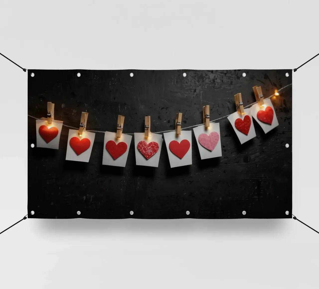 Cuori colorati appesi a una corda con luce calda telo in pvc da DesignDoodle