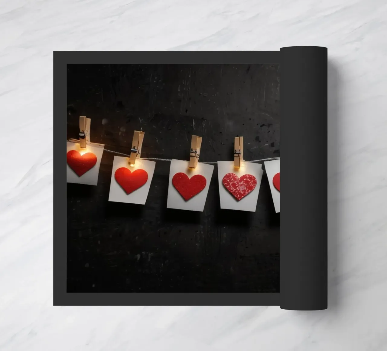 Cuori colorati appesi a una corda con luce calda zerbino da DesignDoodle