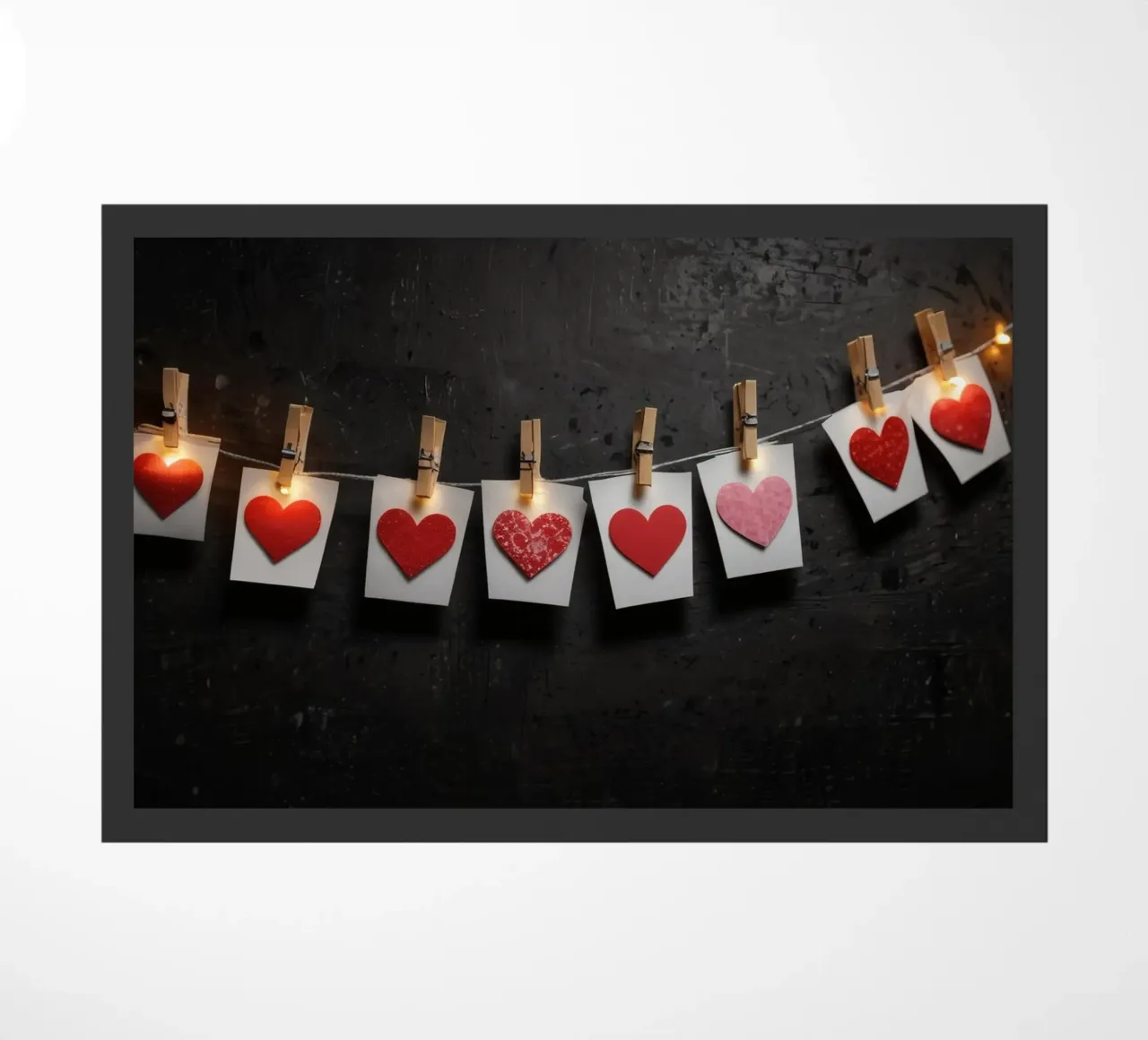 Cuori colorati appesi a una corda con luce calda zerbino da DesignDoodle