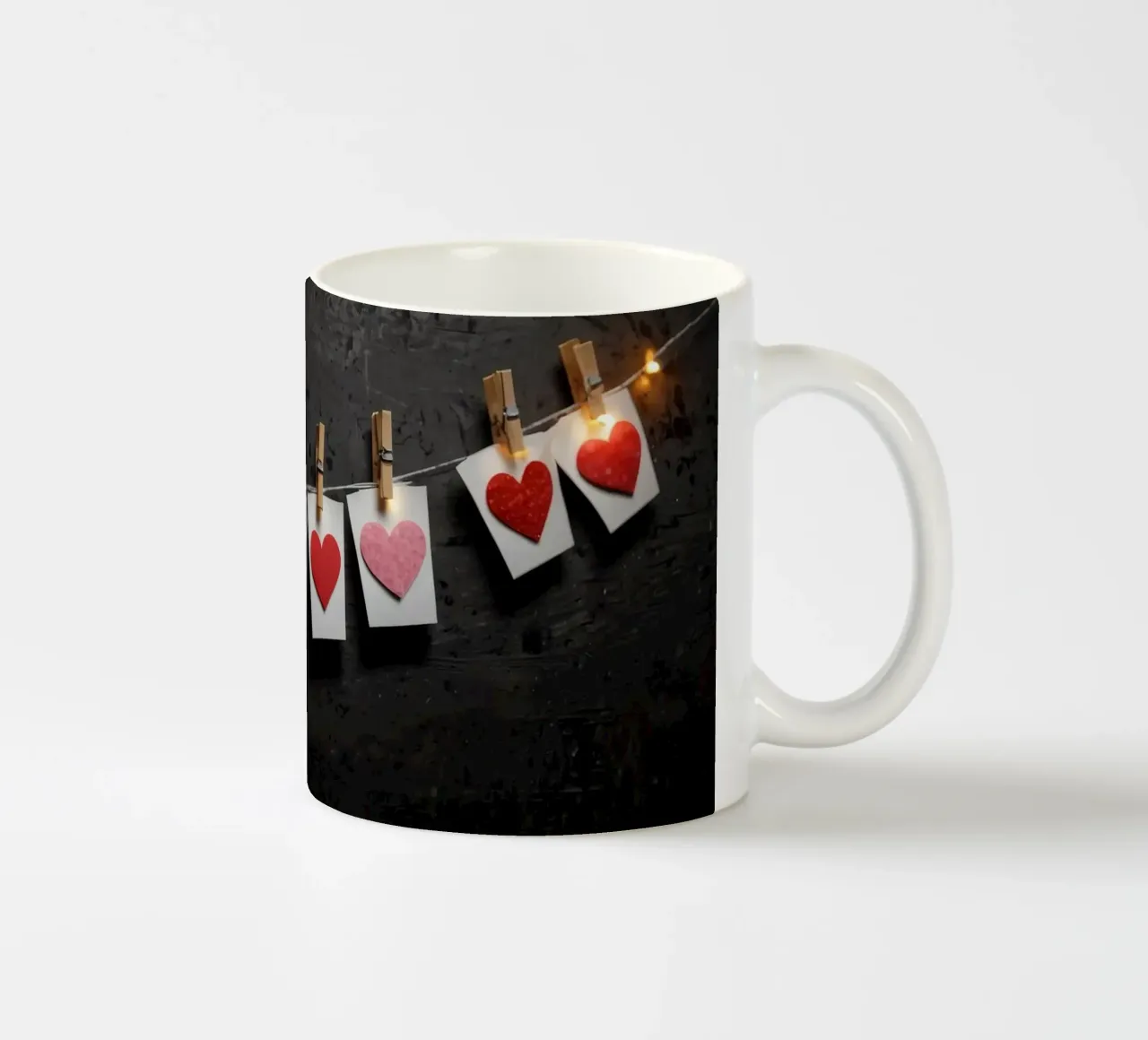 Cuori colorati appesi a una corda con luce calda tazza in ceramica da DesignDoodle