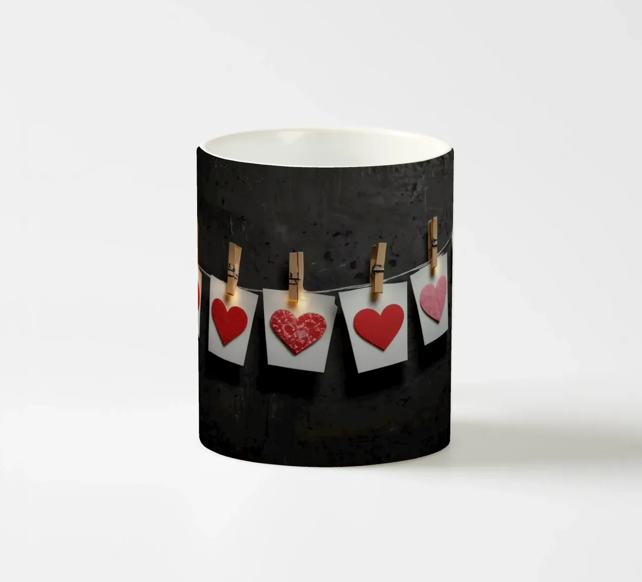 Cuori colorati appesi a una corda con luce calda tazza in ceramica da DesignDoodle
