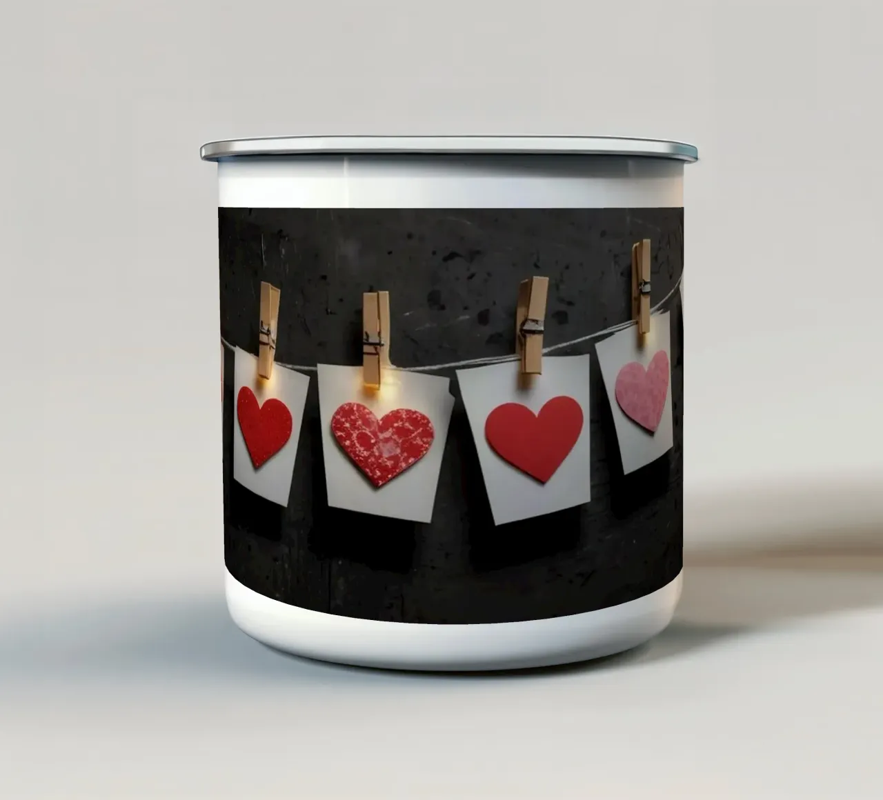 Cuori colorati appesi a una corda con luce calda tazza in smalto da DesignDoodle