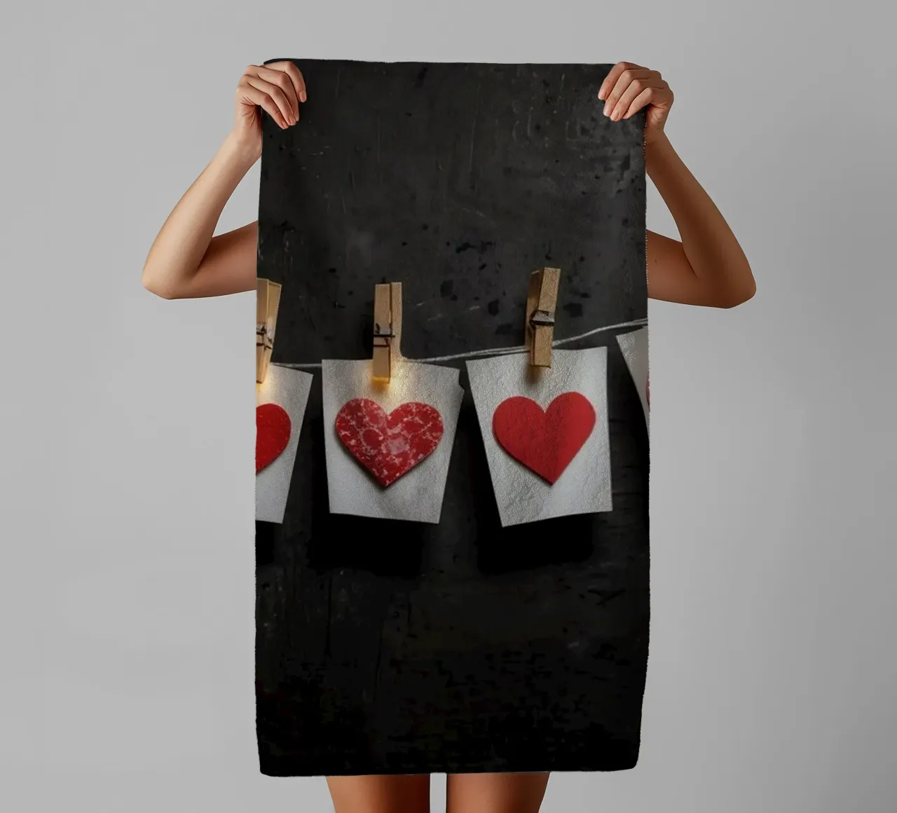 Cuori colorati appesi a una corda con luce calda asciugamano da bagno da DesignDoodle