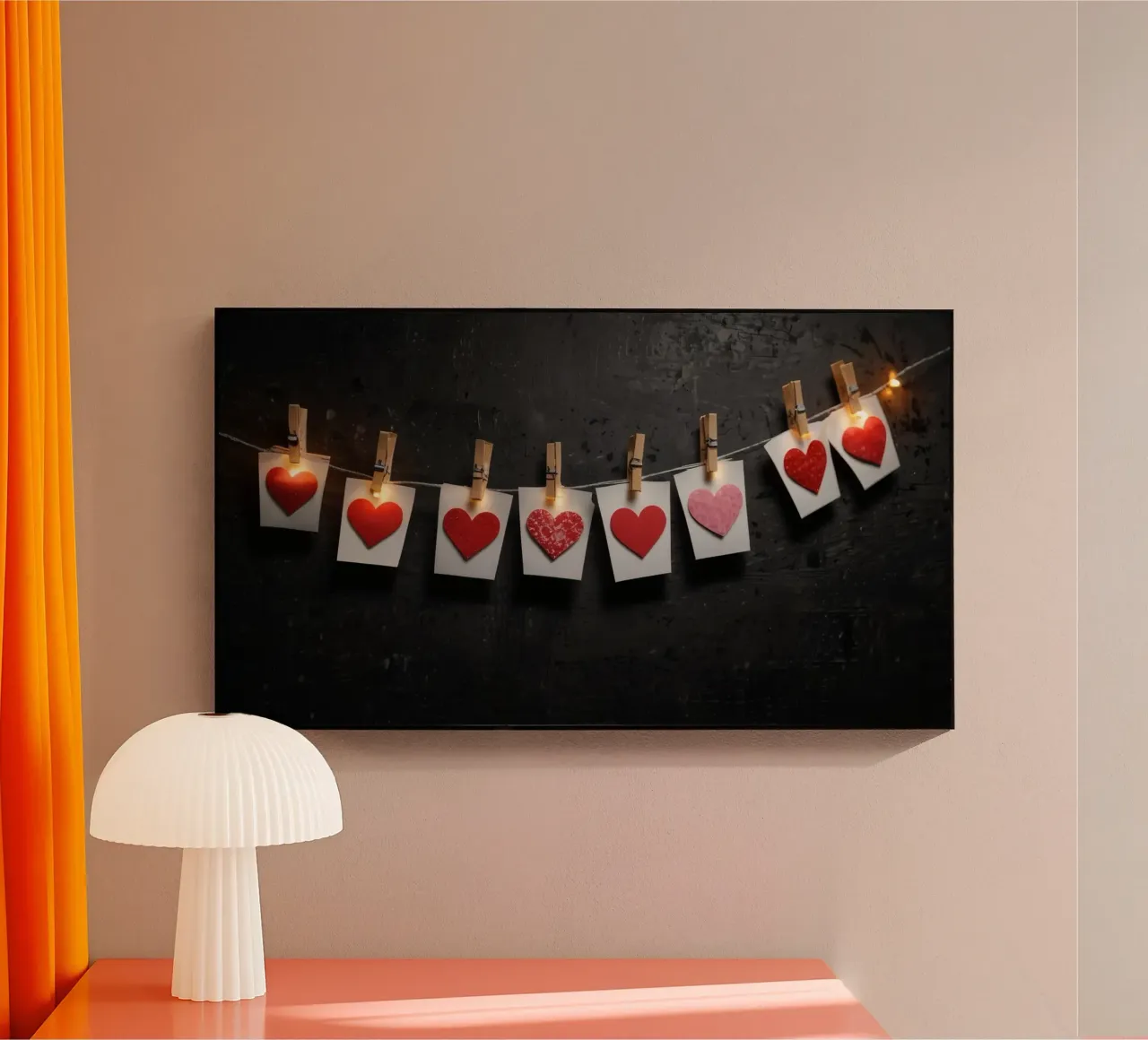 Cuori colorati appesi a una corda con luce calda plexiglass da DesignDoodle