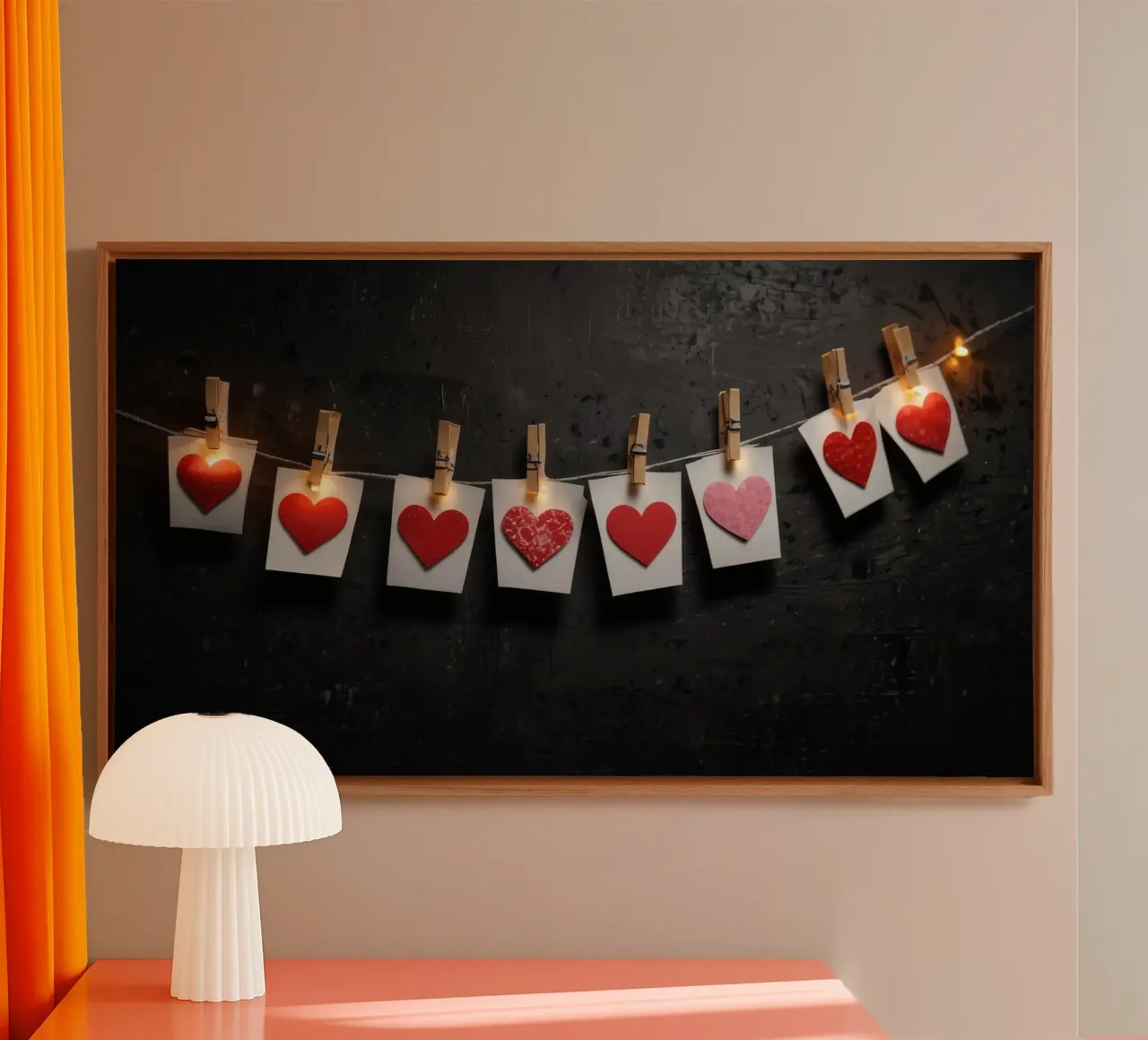 Cuori colorati appesi a una corda con luce calda tela da DesignDoodle