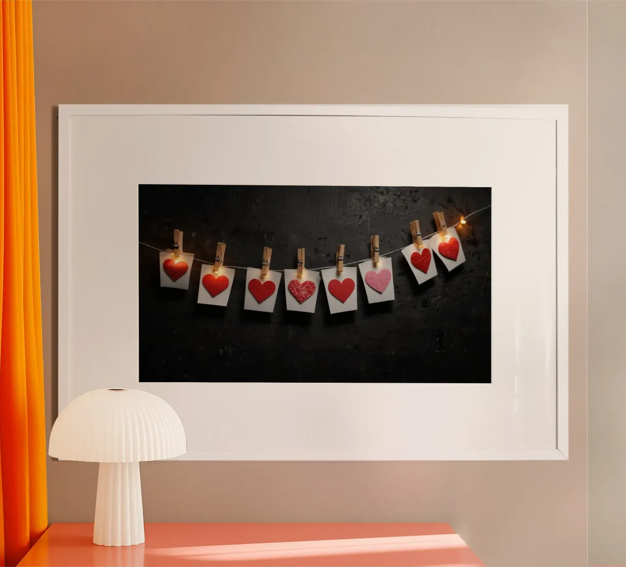 Cuori colorati appesi a una corda con luce calda poster da DesignDoodle