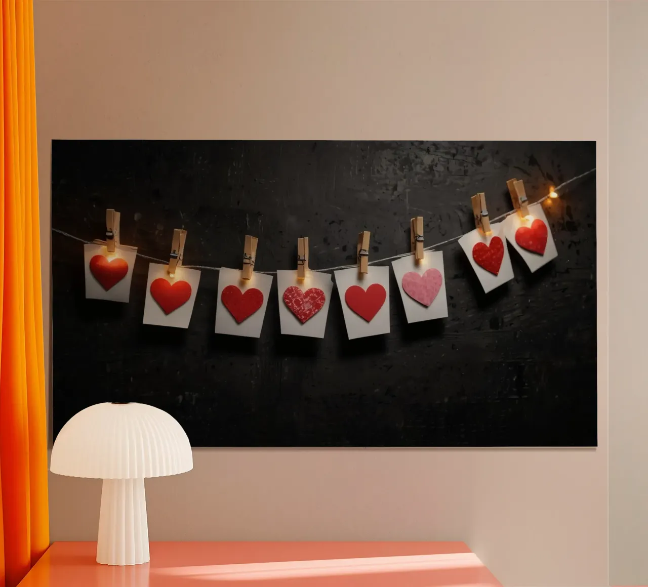 Cuori colorati appesi a una corda con luce calda poster da DesignDoodle