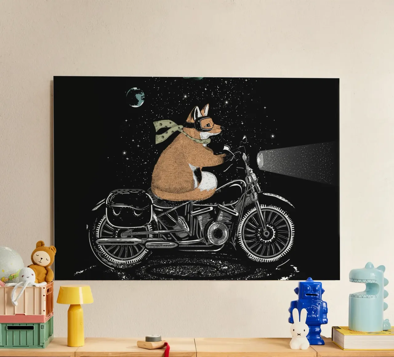 Volpe avventurosa in moto - viaggio notturno alluminio dibond da NA/MO