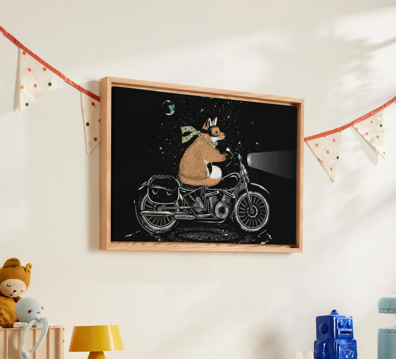 Volpe avventurosa in moto - viaggio notturno tela con Cornice a cassetta da NA/MO