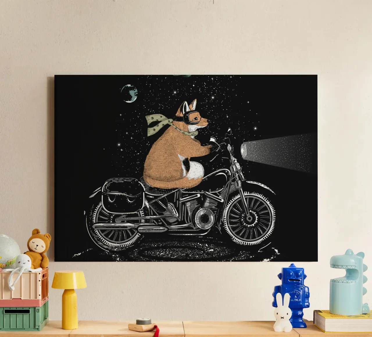 Volpe avventurosa in moto - viaggio notturno tela con Cornice a cassetta da NA/MO