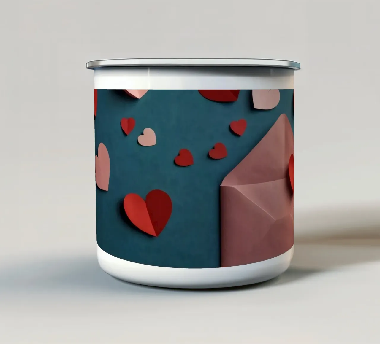heart shapes and an envelope on a textured background enamel mug by DesignDoodle