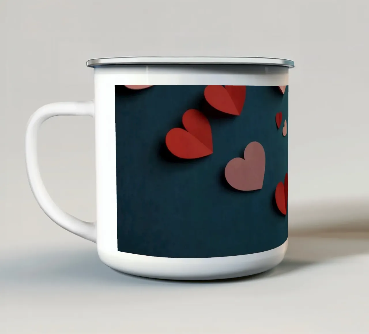 heart shapes and an envelope on a textured background enamel mug by DesignDoodle