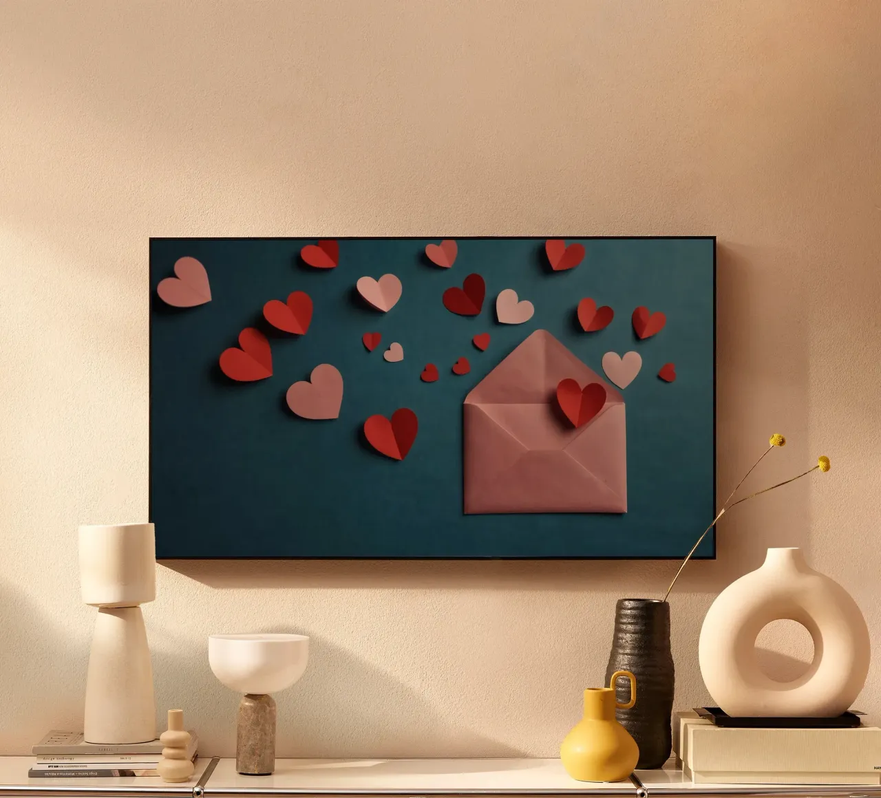 heart shapes and an envelope on a textured background acrylic glass by DesignDoodle