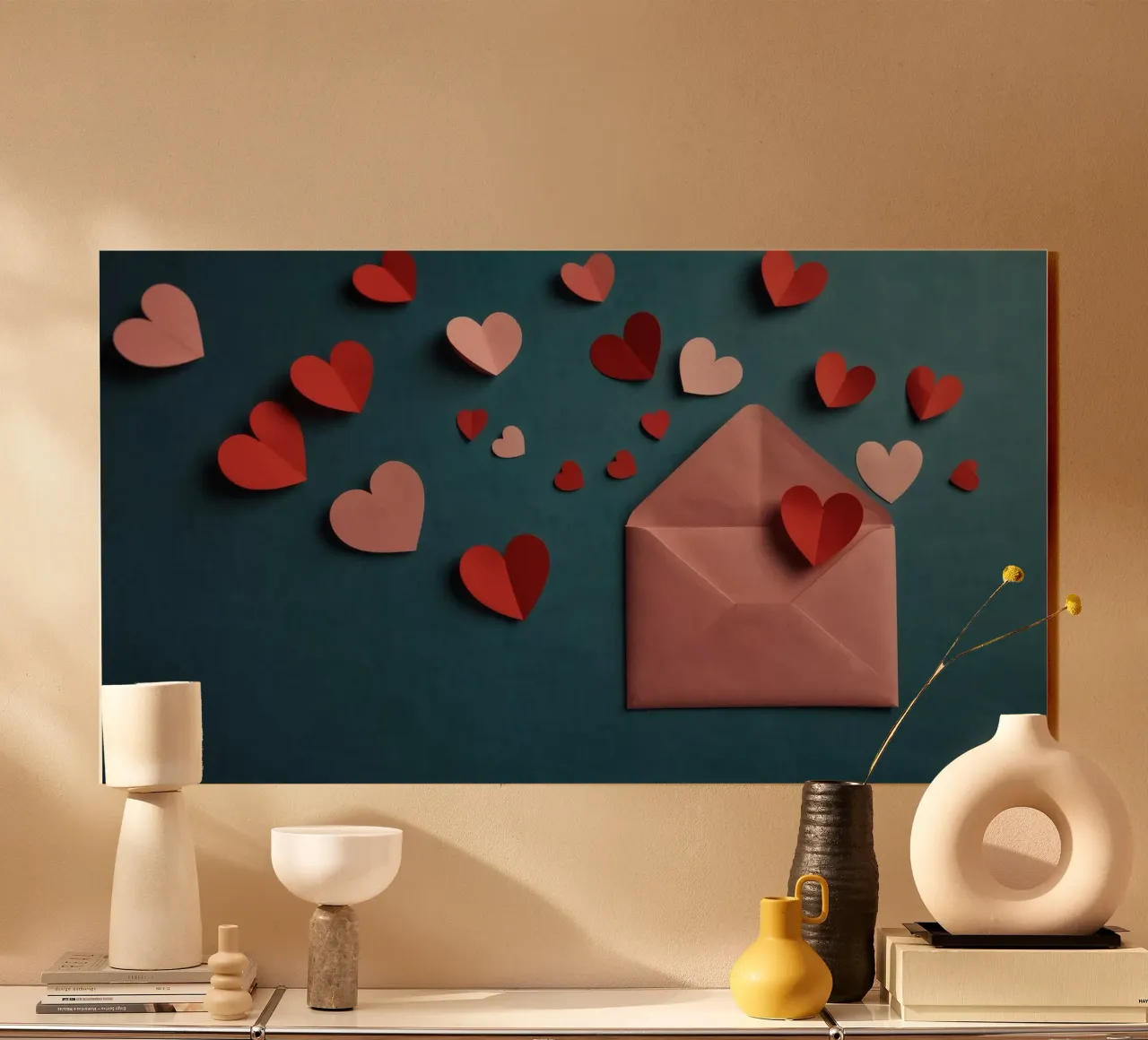 heart shapes and an envelope on a textured background acrylic glass by DesignDoodle