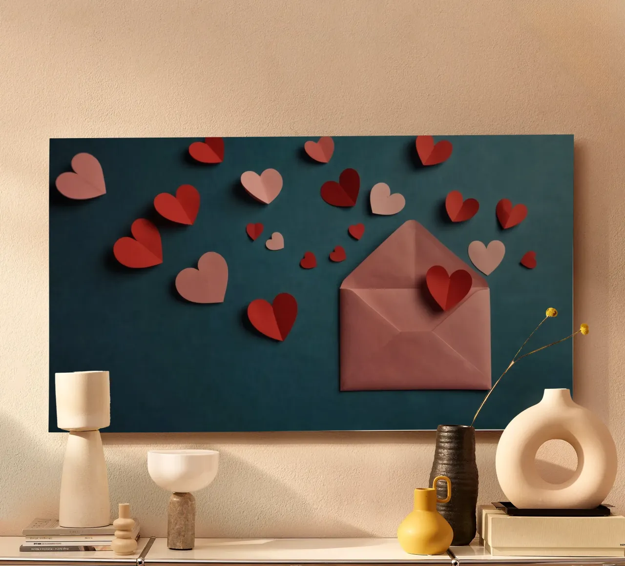 heart shapes and an envelope on a textured background alu-dibond by DesignDoodle