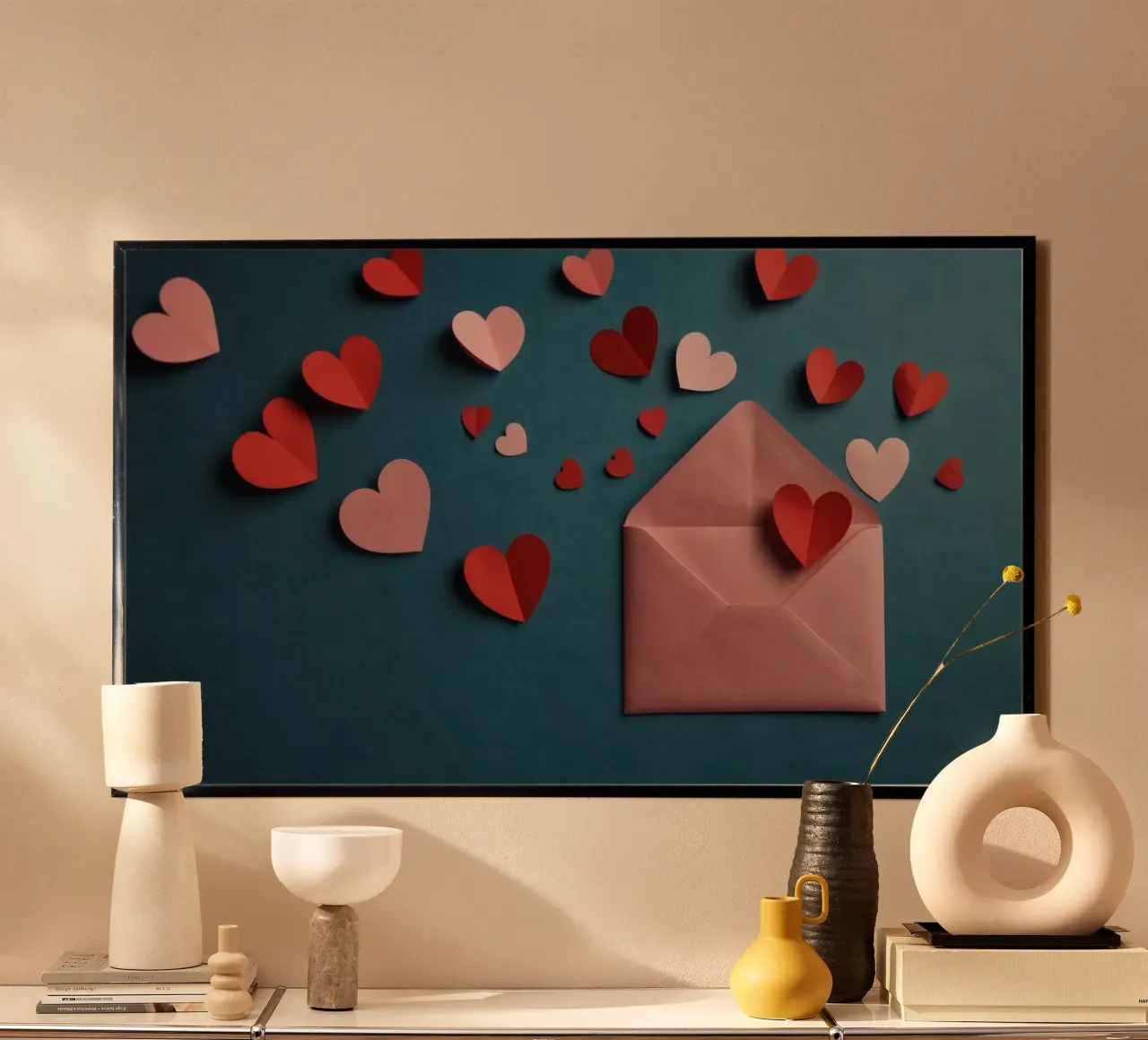 heart shapes and an envelope on a textured background hahnemühle by DesignDoodle