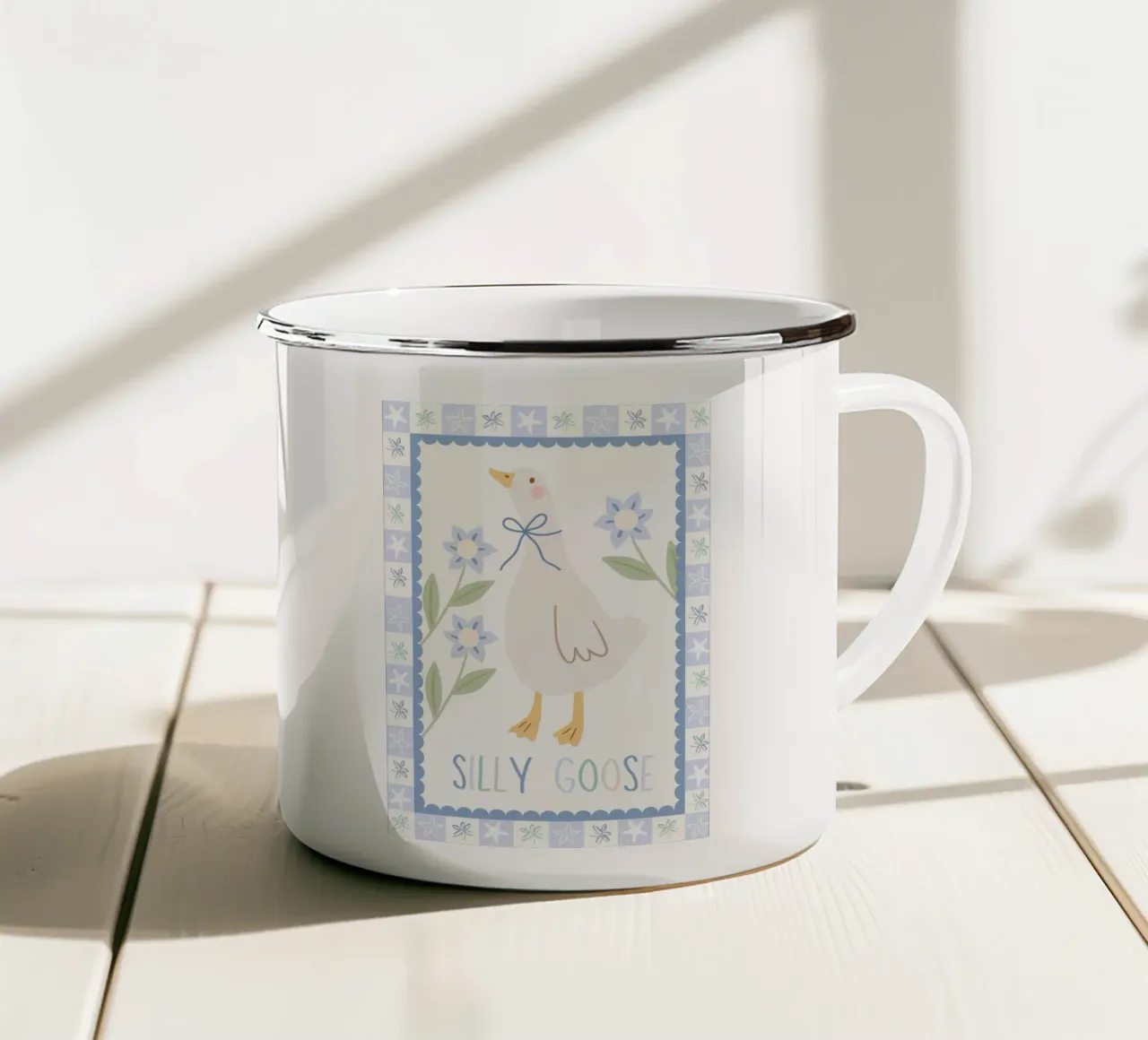 Dwaze Gans Blauw Print, Decor Speelkamer, Kinderkamer Print emaille mok van SunshinePrints
