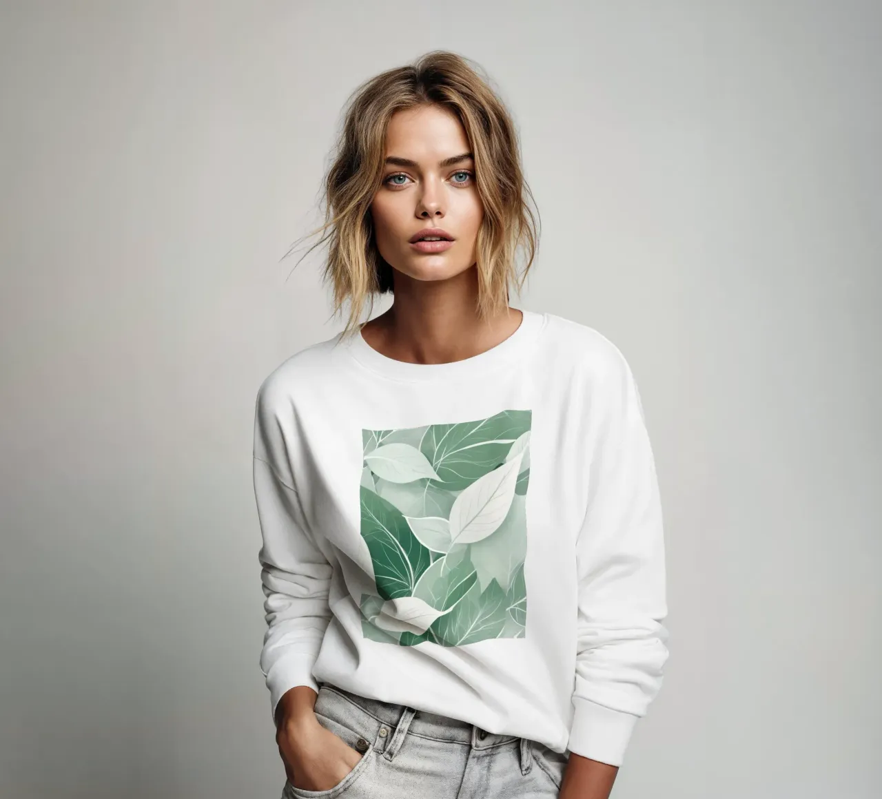 Soft green leaves create a calming botanical pattern sweatshirt by DesignDoodle