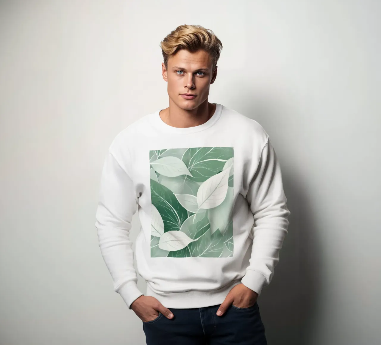 Soft green leaves create a calming botanical pattern sweatshirt by DesignDoodle