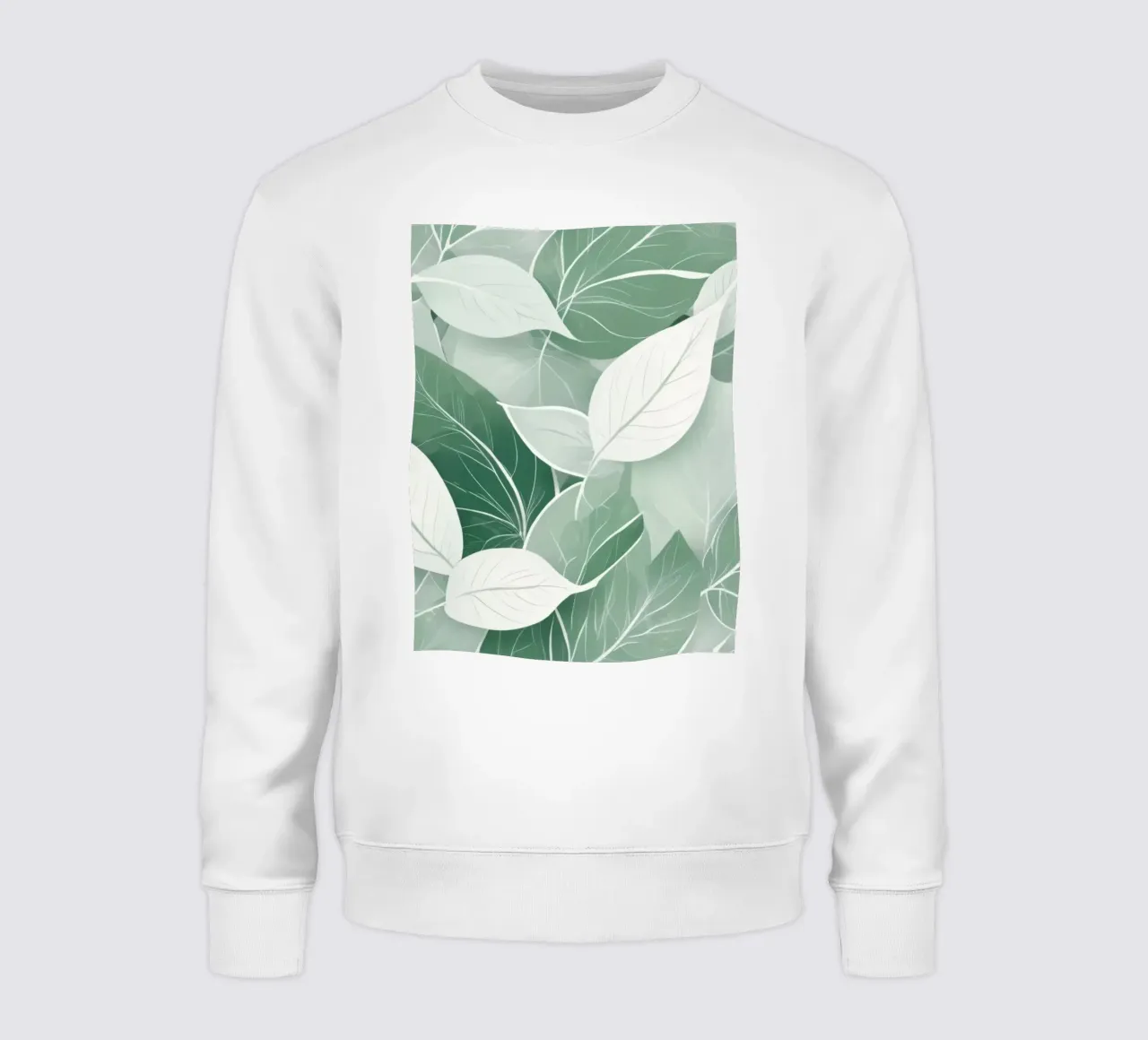 Soft green leaves create a calming botanical pattern sweatshirt by DesignDoodle
