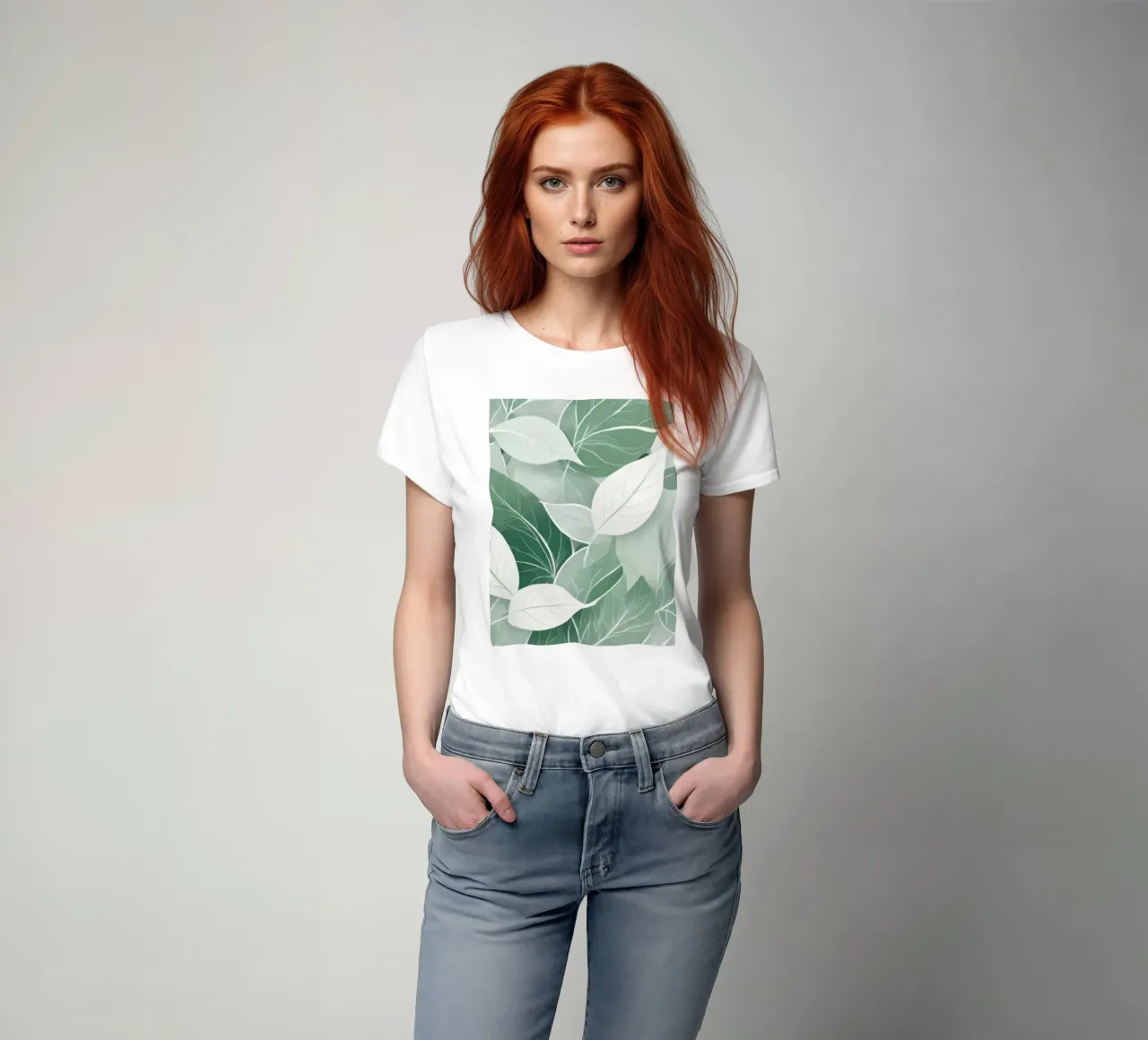 Soft green leaves create a calming botanical pattern t-shirt by DesignDoodle