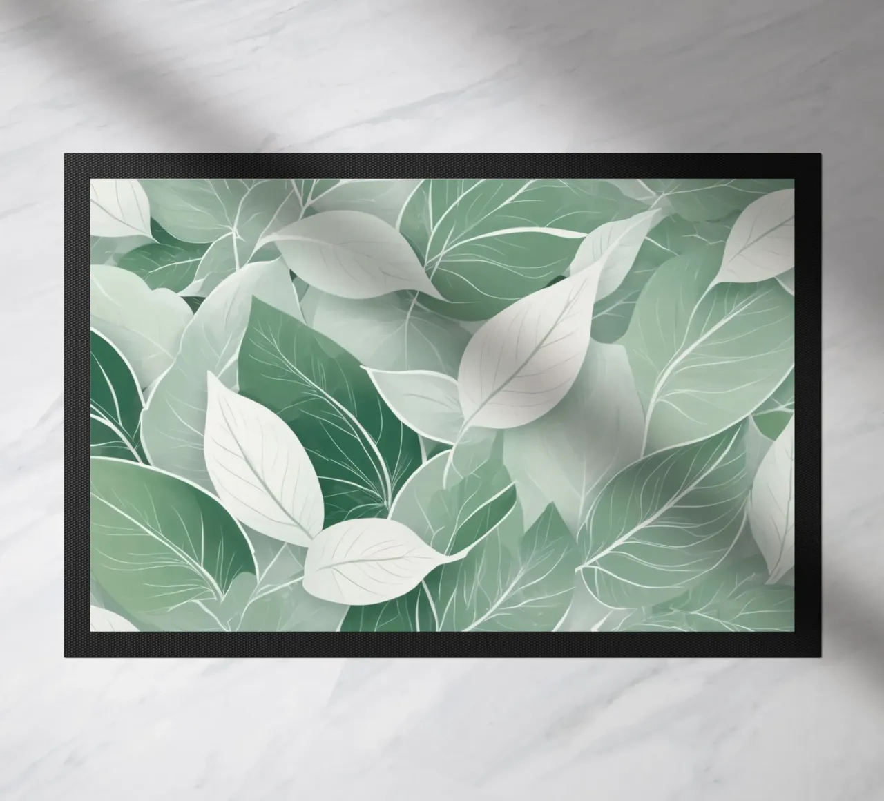 Soft green leaves create a calming botanical pattern doormat by DesignDoodle