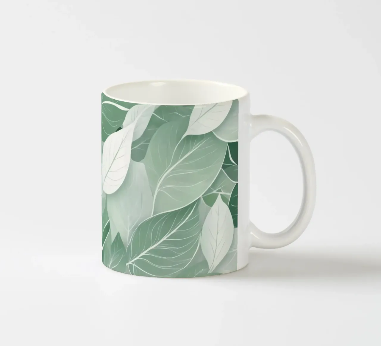 Soft green leaves create a calming botanical pattern ceramic mug by DesignDoodle