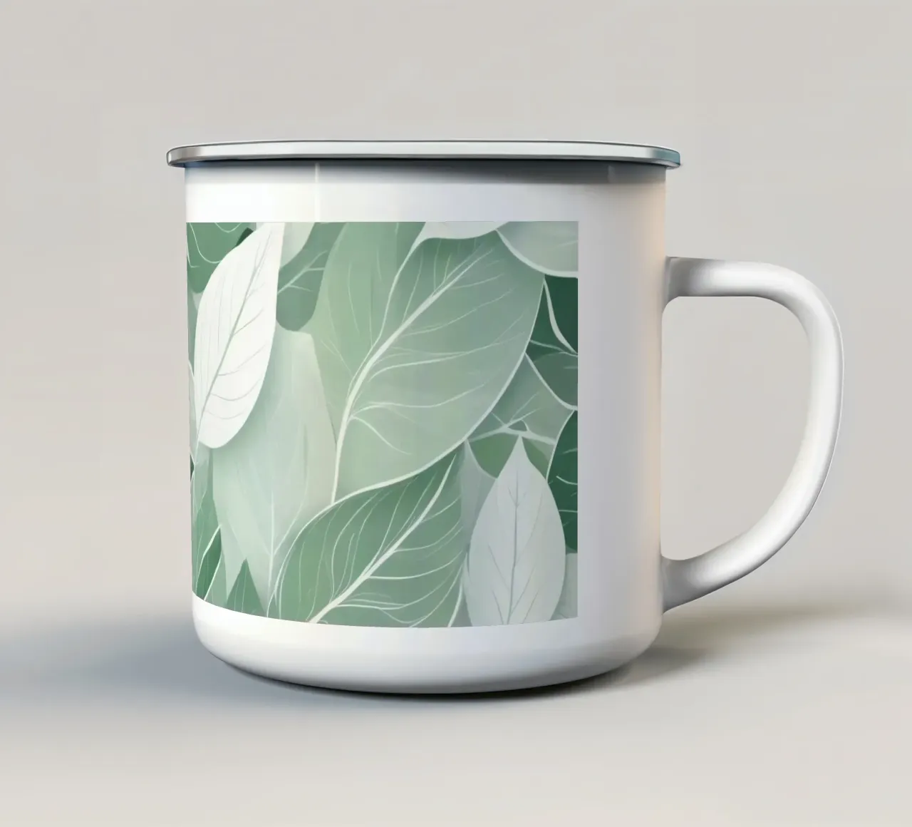 Soft green leaves create a calming botanical pattern enamel mug by DesignDoodle
