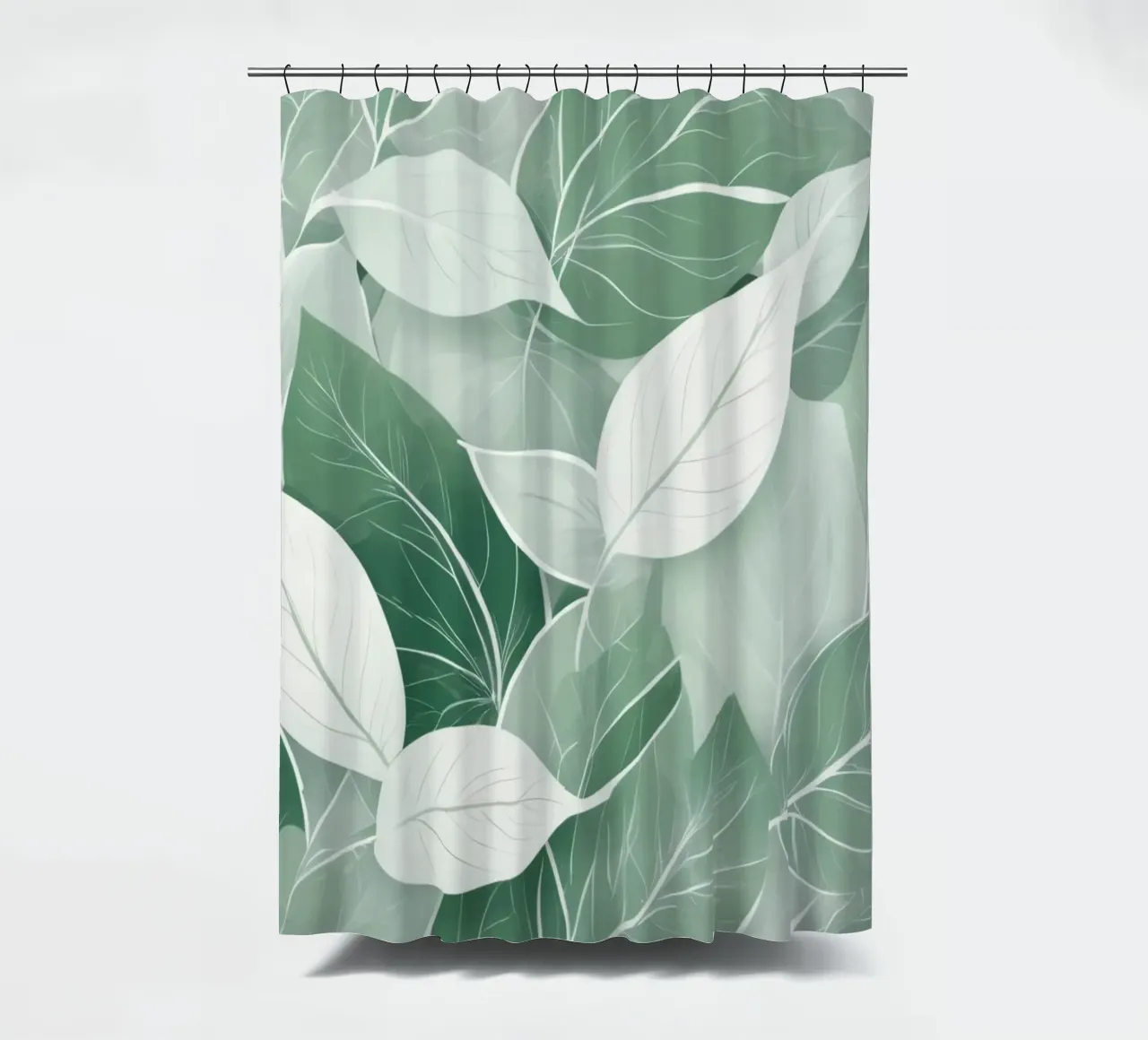 Soft green leaves create a calming botanical pattern shower curtain by DesignDoodle