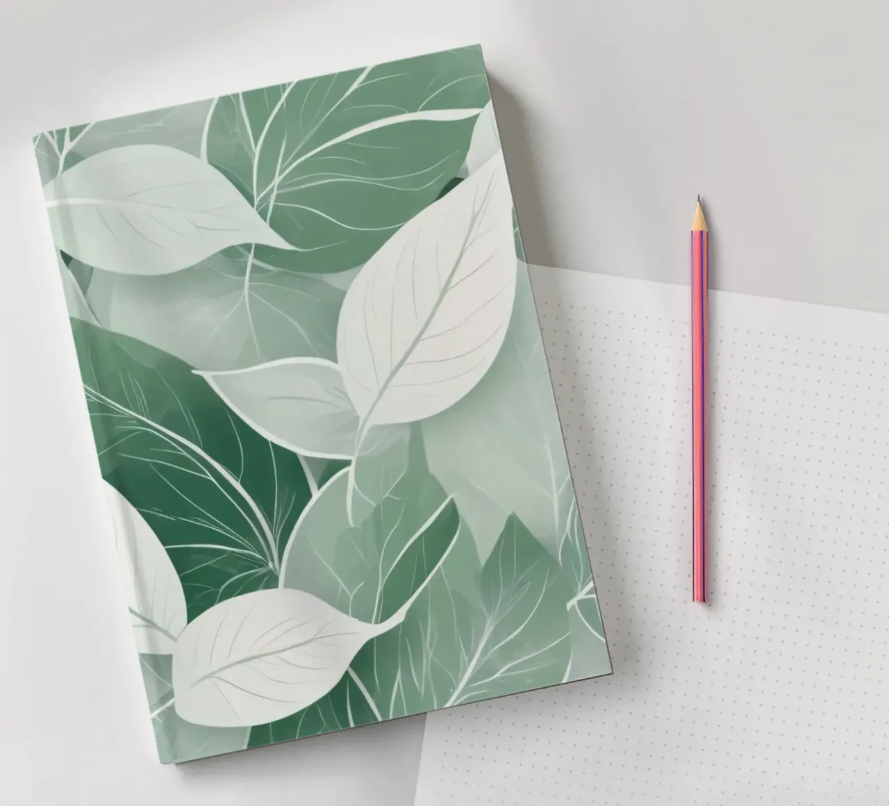 Soft green leaves create a calming botanical pattern notebook by DesignDoodle