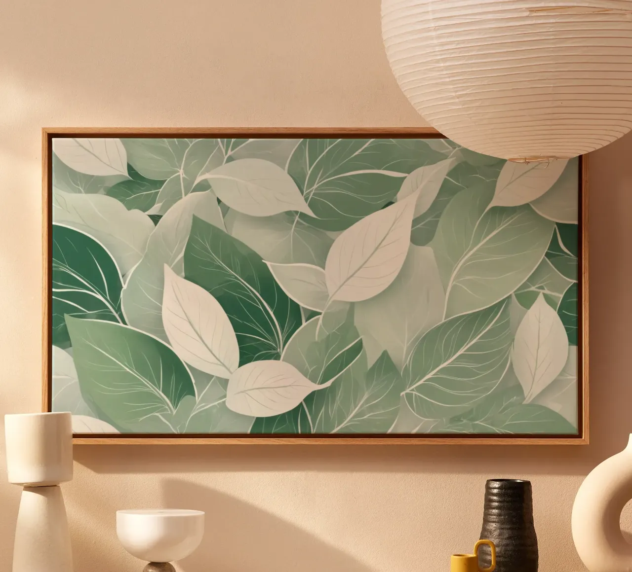 Soft green leaves create a calming botanical pattern canvas by DesignDoodle