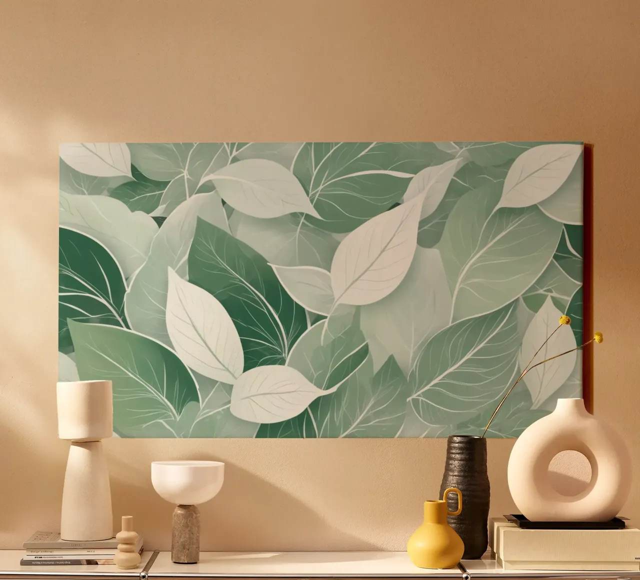 Soft green leaves create a calming botanical pattern canvas by DesignDoodle