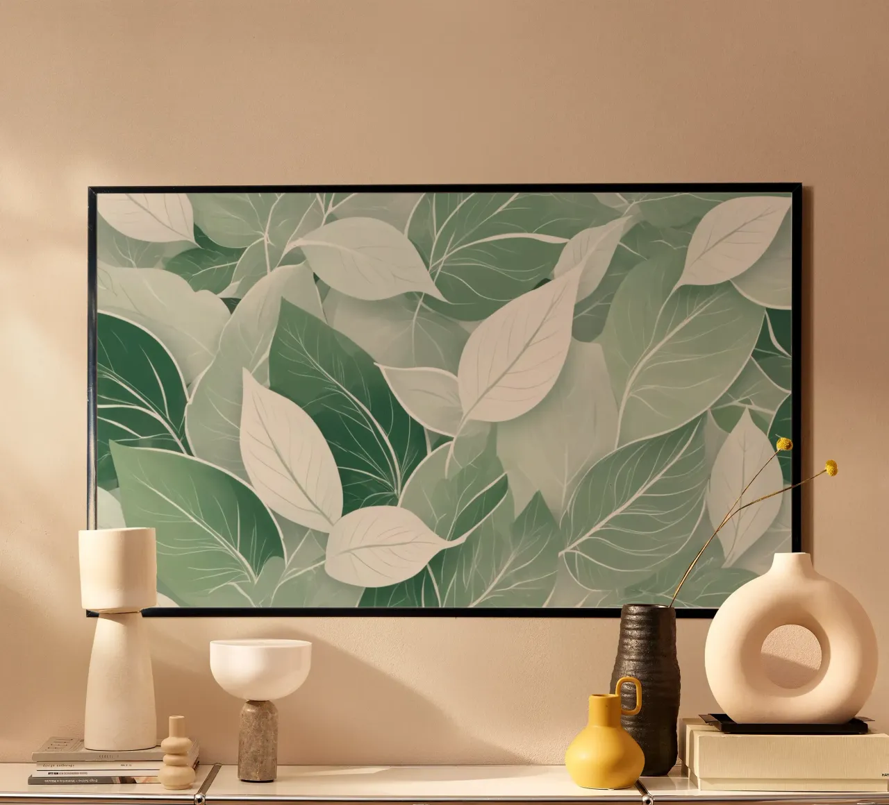 Soft green leaves create a calming botanical pattern hahnemühle by DesignDoodle