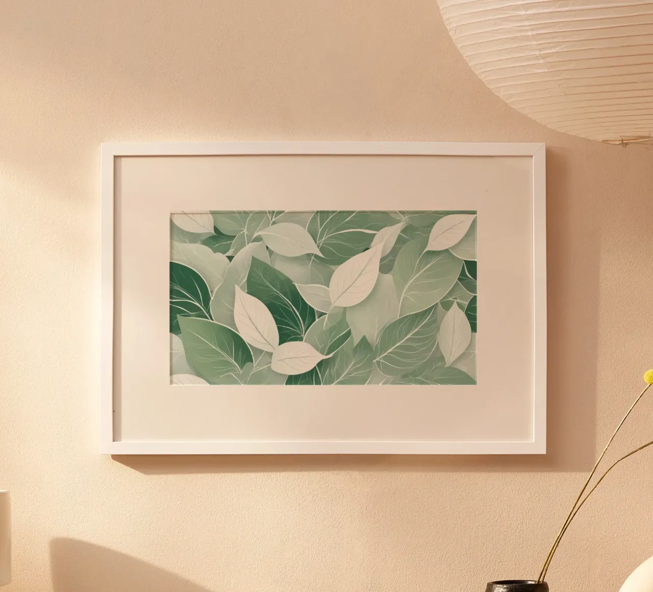 Soft green leaves create a calming botanical pattern hahnemühle by DesignDoodle
