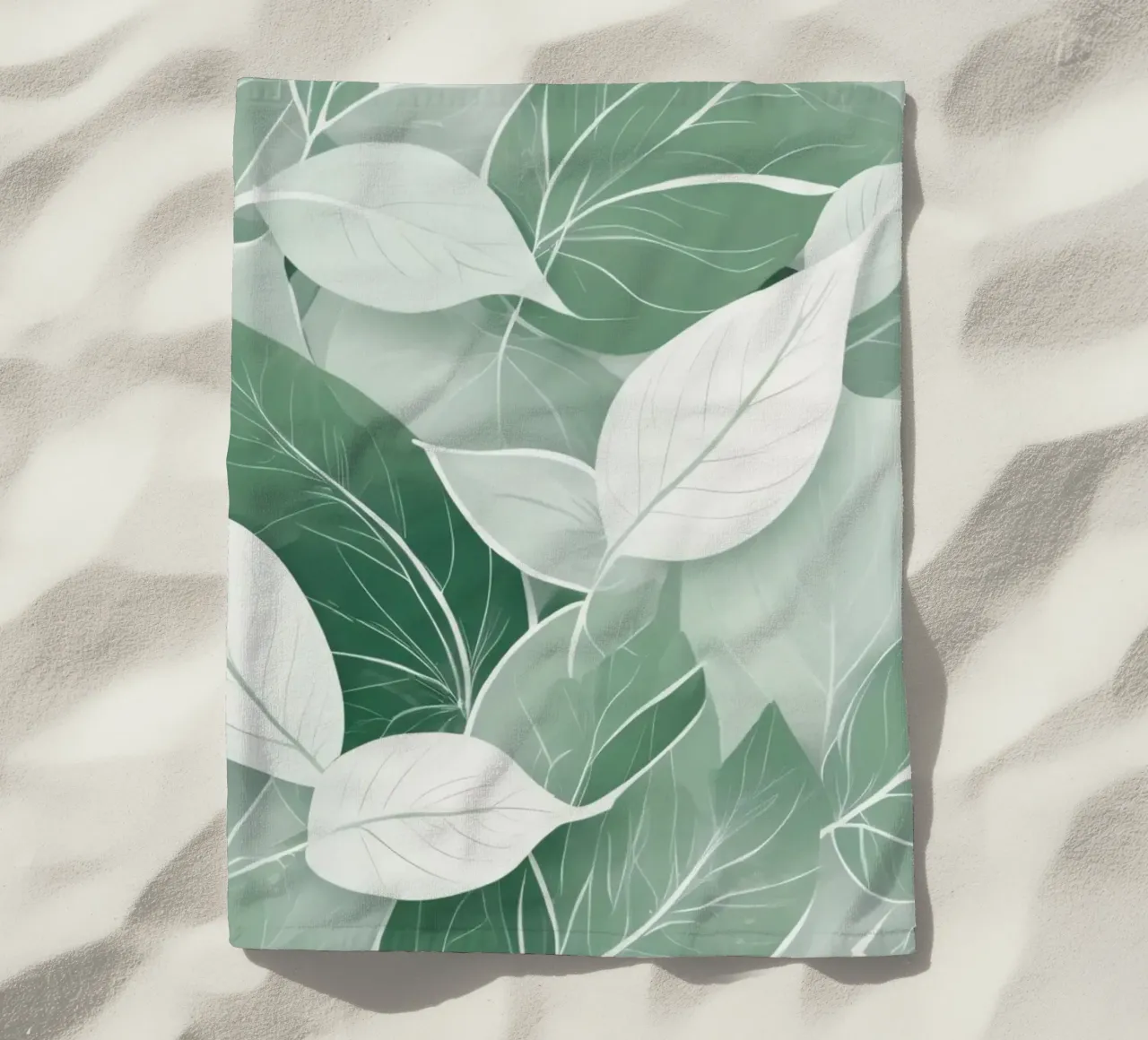 Soft green leaves create a calming botanical pattern beach towel by DesignDoodle