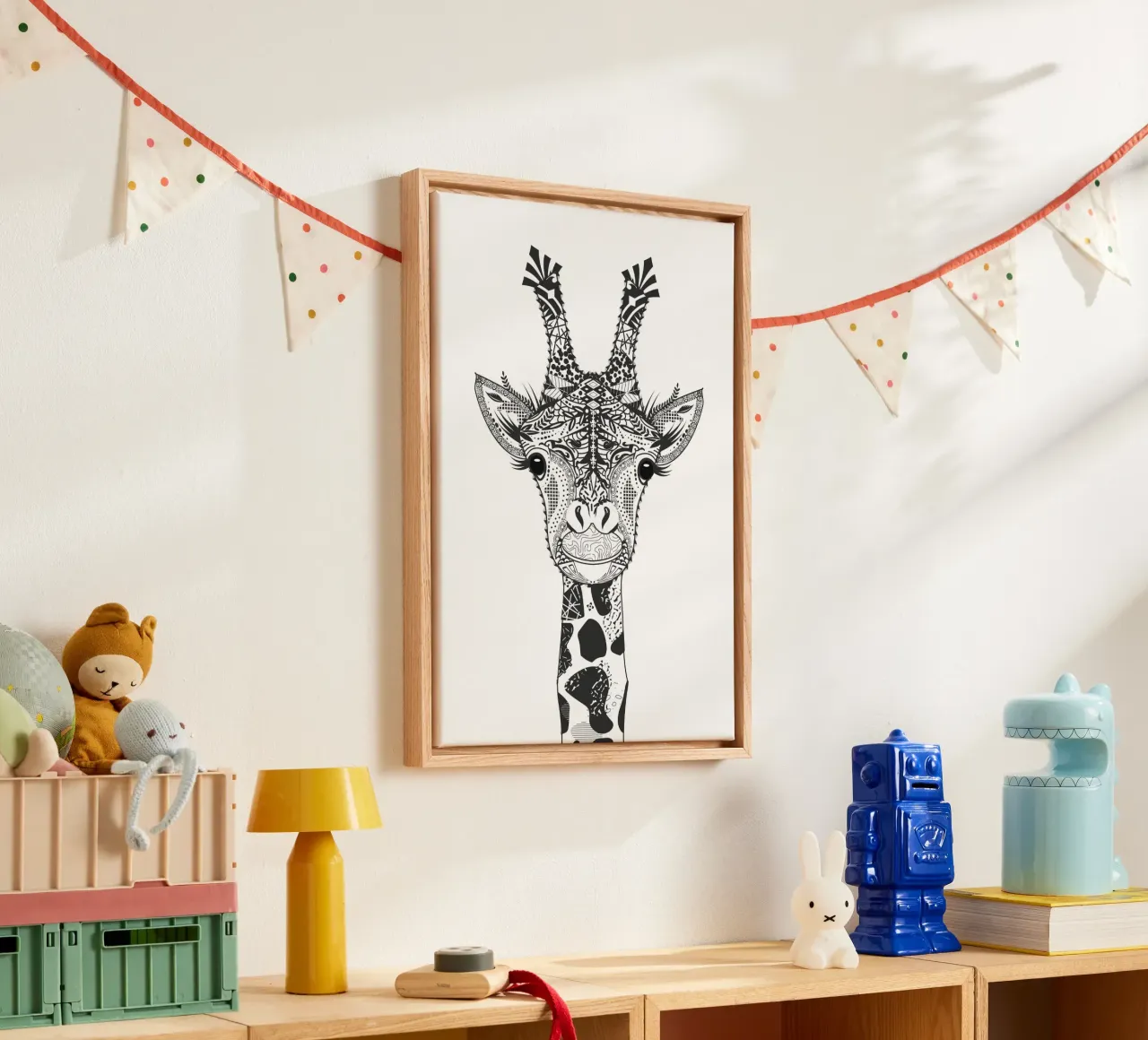 Grafische giraffe in decoratieve stijl - dierenkunst canvas met Baklijst van NA/MO