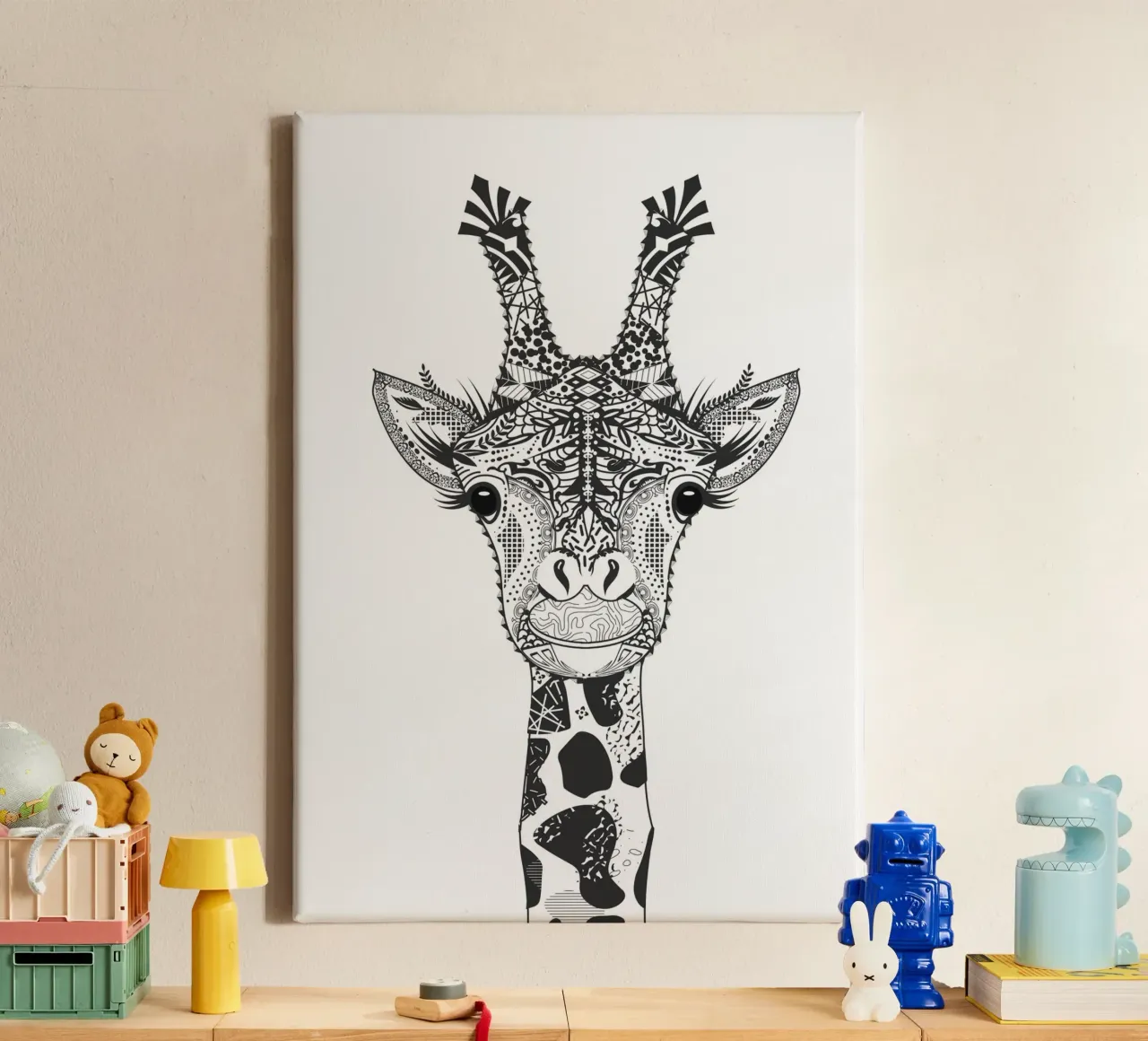 Grafische giraffe in decoratieve stijl - dierenkunst canvas met Baklijst van NA/MO
